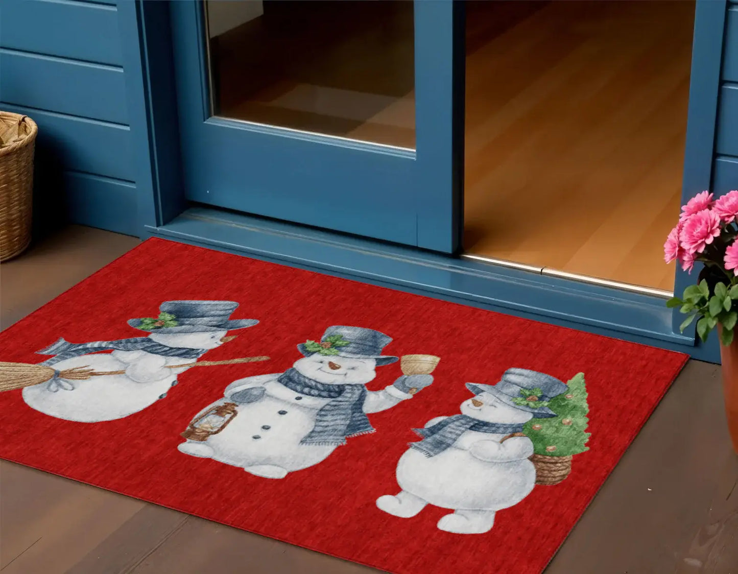 3' X 5' Red Denim Blue And Ivory Snowmen Washable Indoor Outdoor Area Rug - Homeroots - Flyclothing LLC