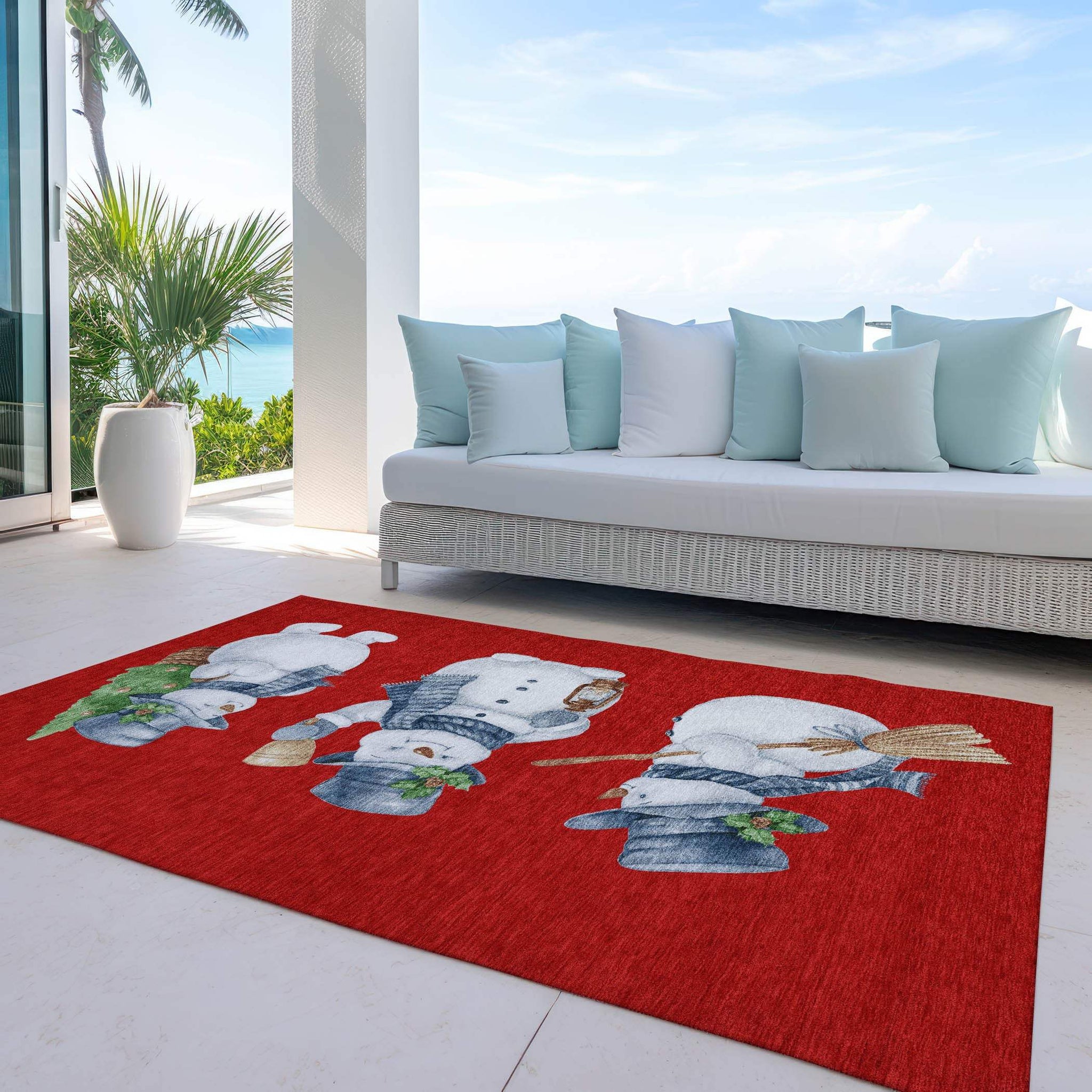5' X 8' Red Denim Blue And Ivory Snowmen Washable Indoor Outdoor Area Rug - Homeroots - Flyclothing LLC