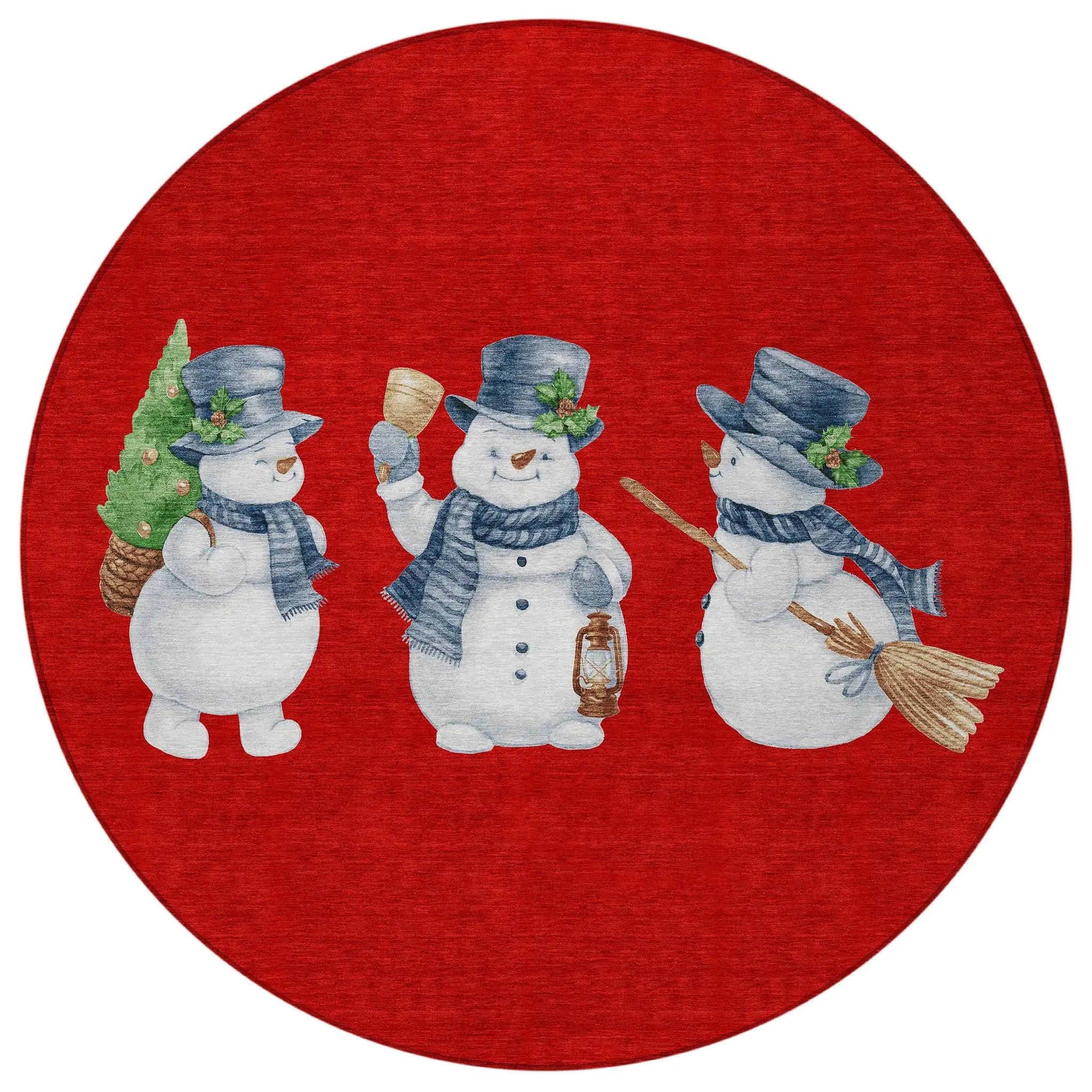 8' Red Denim Blue And Ivory Round Snowmen Washable Indoor Outdoor Area Rug - Homeroots - Flyclothing LLC
