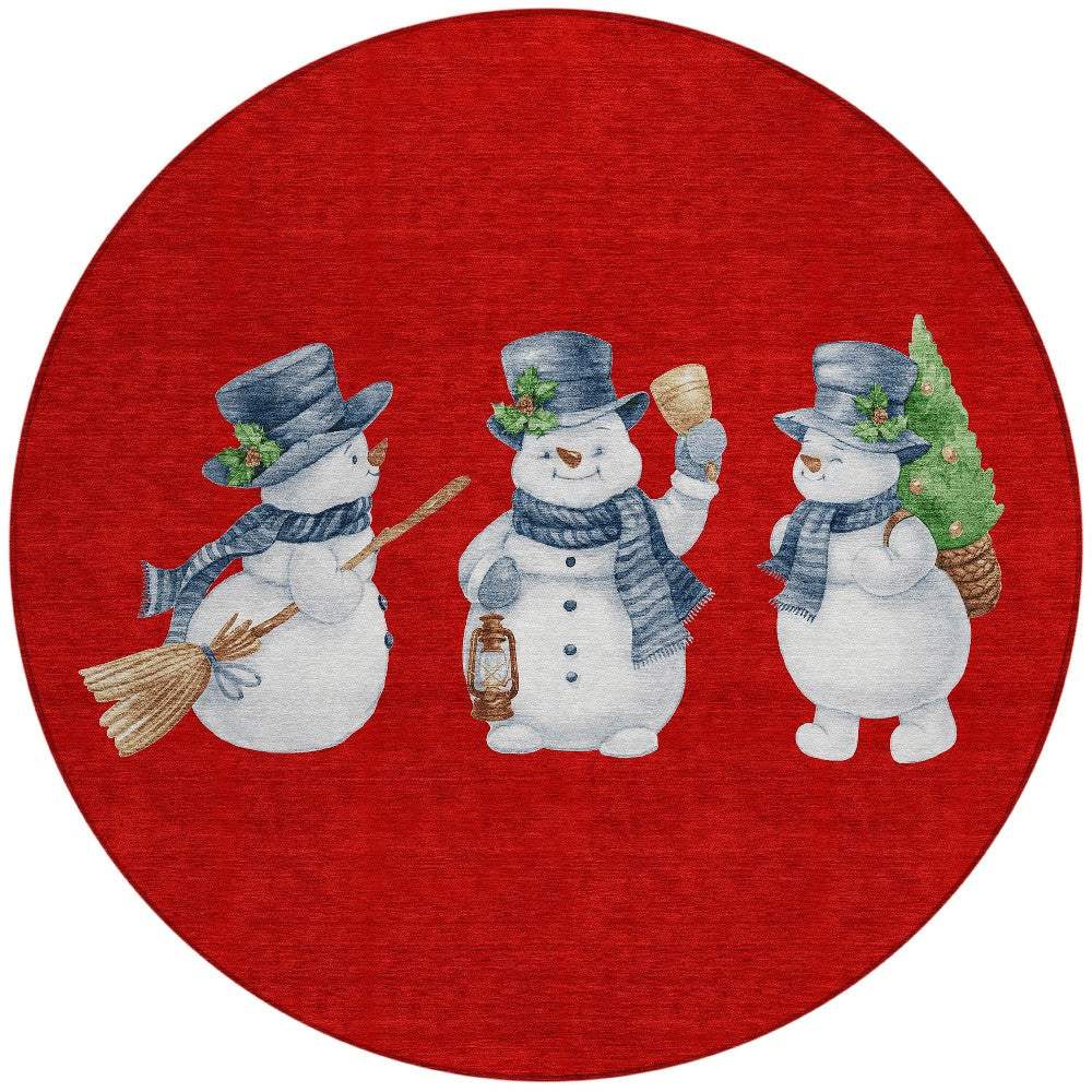 8' Red Denim Blue And Ivory Round Snowmen Washable Indoor Outdoor Area Rug - Homeroots - Flyclothing LLC