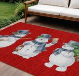 8' X 10' Red Denim Blue And Ivory Snowmen Washable Indoor Outdoor Area Rug - Homeroots - Flyclothing LLC