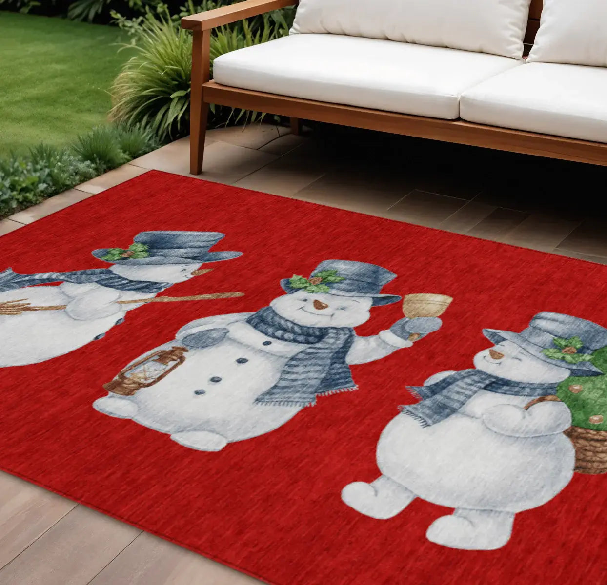 10' X 14' Red Denim Blue And Ivory Snowmen Washable Indoor Outdoor Area Rug - Homeroots - Flyclothing LLC