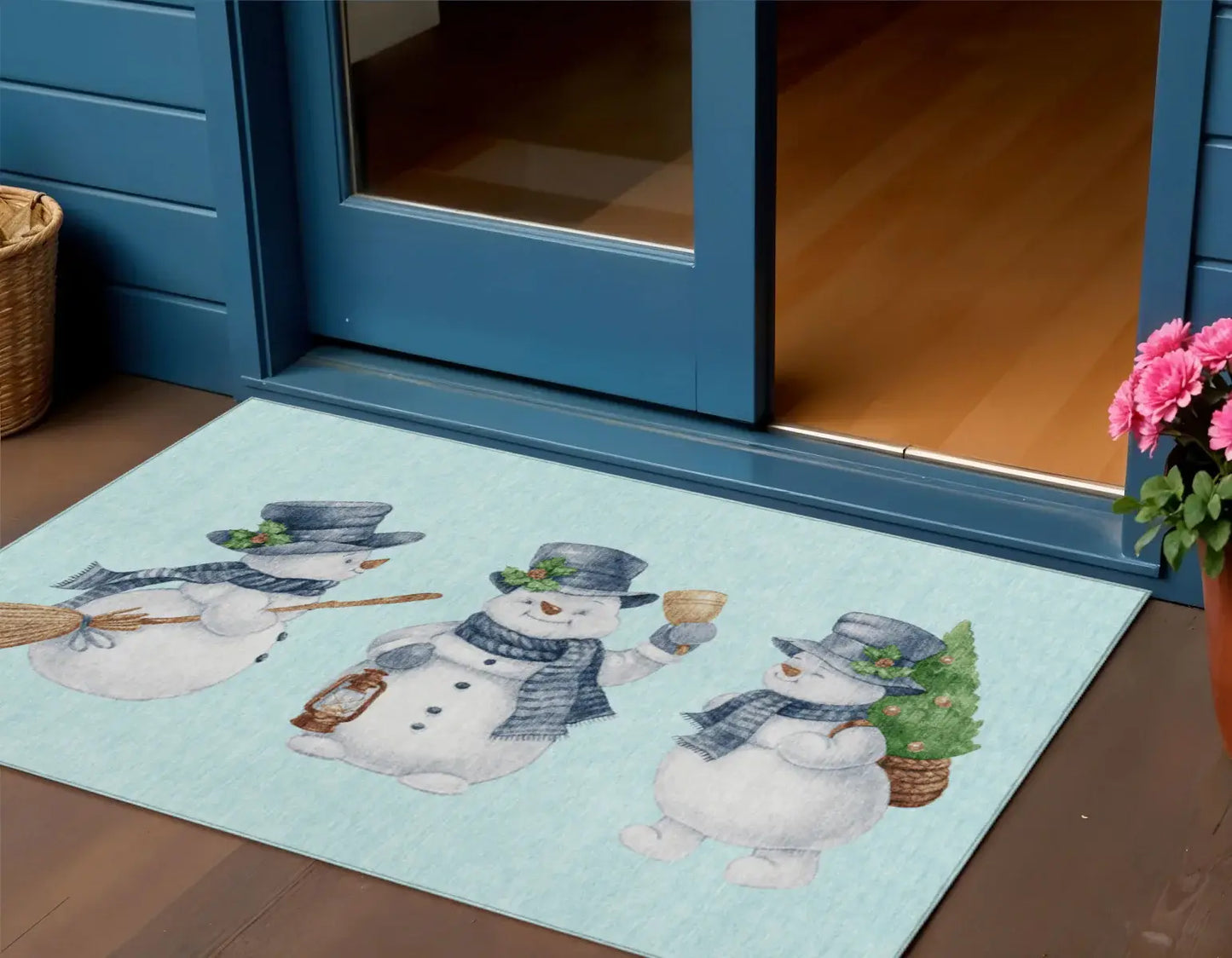 3' X 5' Sky Blue Denim Blue And Ivory Snowmen Washable Indoor Outdoor Area Rug - Homeroots - Flyclothing LLC