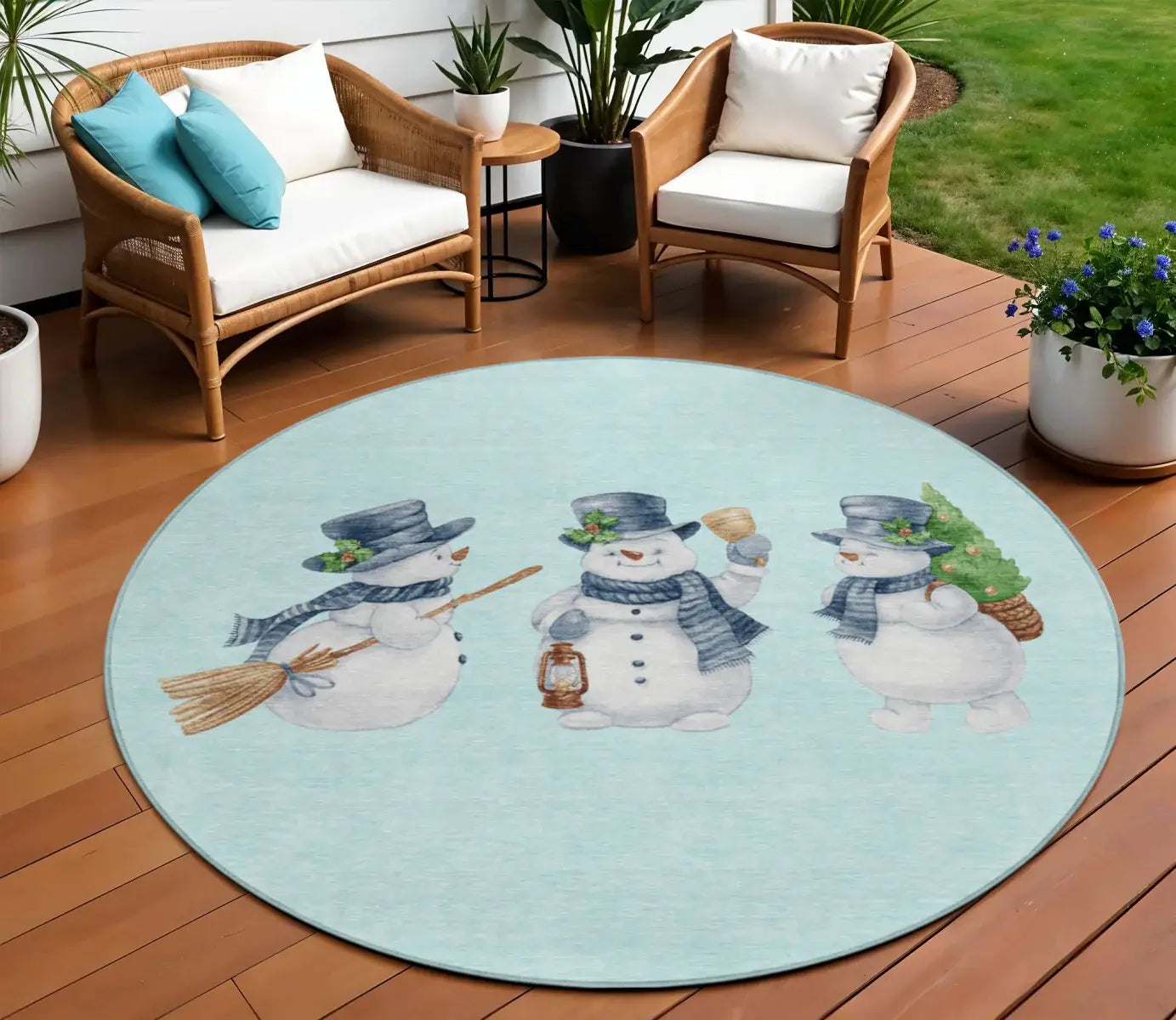 8' Sky Blue Denim Blue And Ivory Round Snowmen Washable Indoor Outdoor Area Rug - Homeroots - Flyclothing LLC