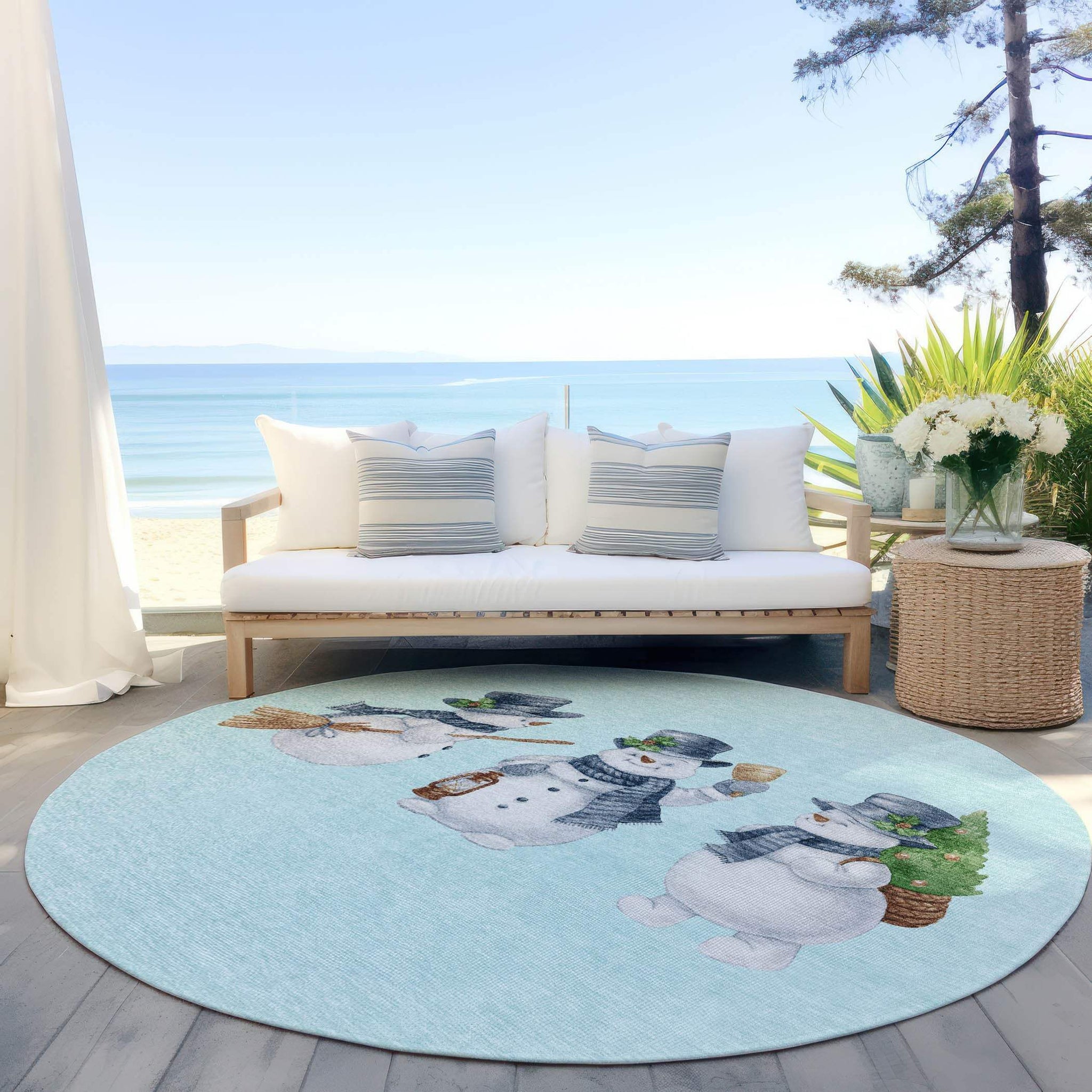 8' Sky Blue Denim Blue And Ivory Round Snowmen Washable Indoor Outdoor Area Rug - Homeroots - Flyclothing LLC