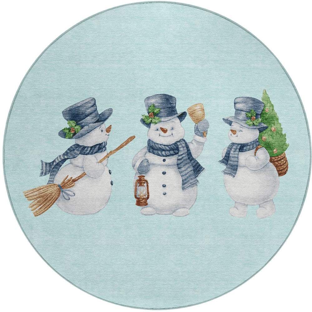 8' Sky Blue Denim Blue And Ivory Round Snowmen Washable Indoor Outdoor Area Rug - Homeroots - Flyclothing LLC