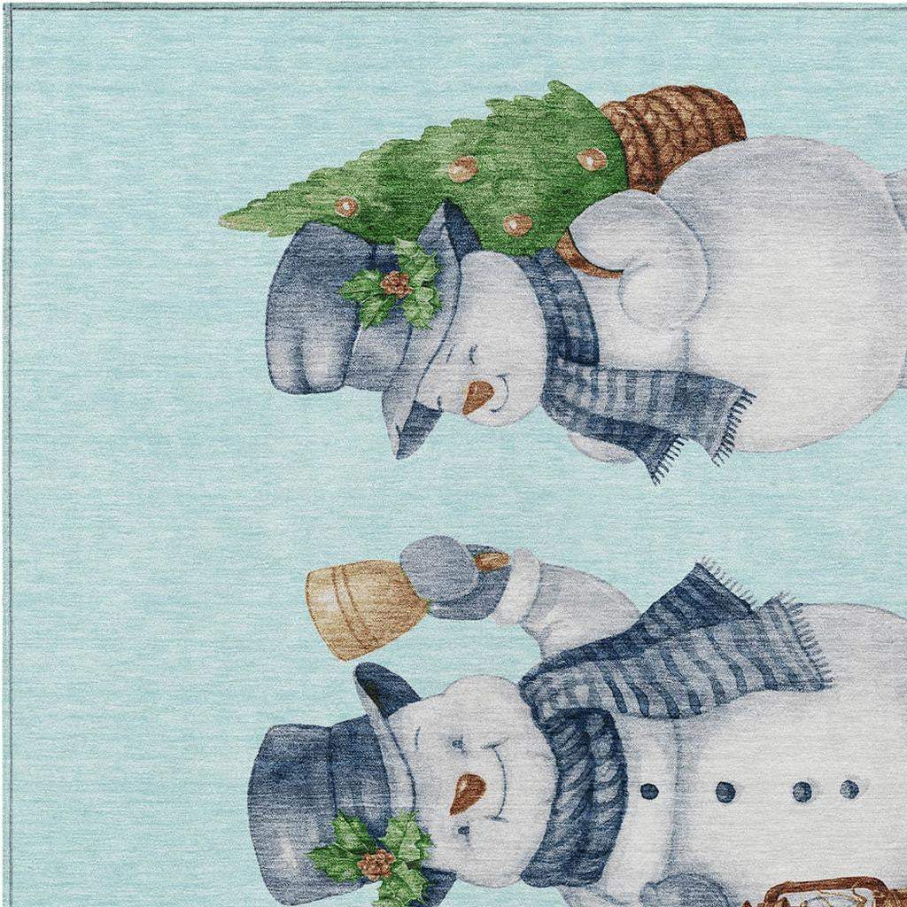 8' X 10' Sky Blue Denim Blue And Ivory Snowmen Washable Indoor Outdoor Area Rug - Homeroots - Flyclothing LLC