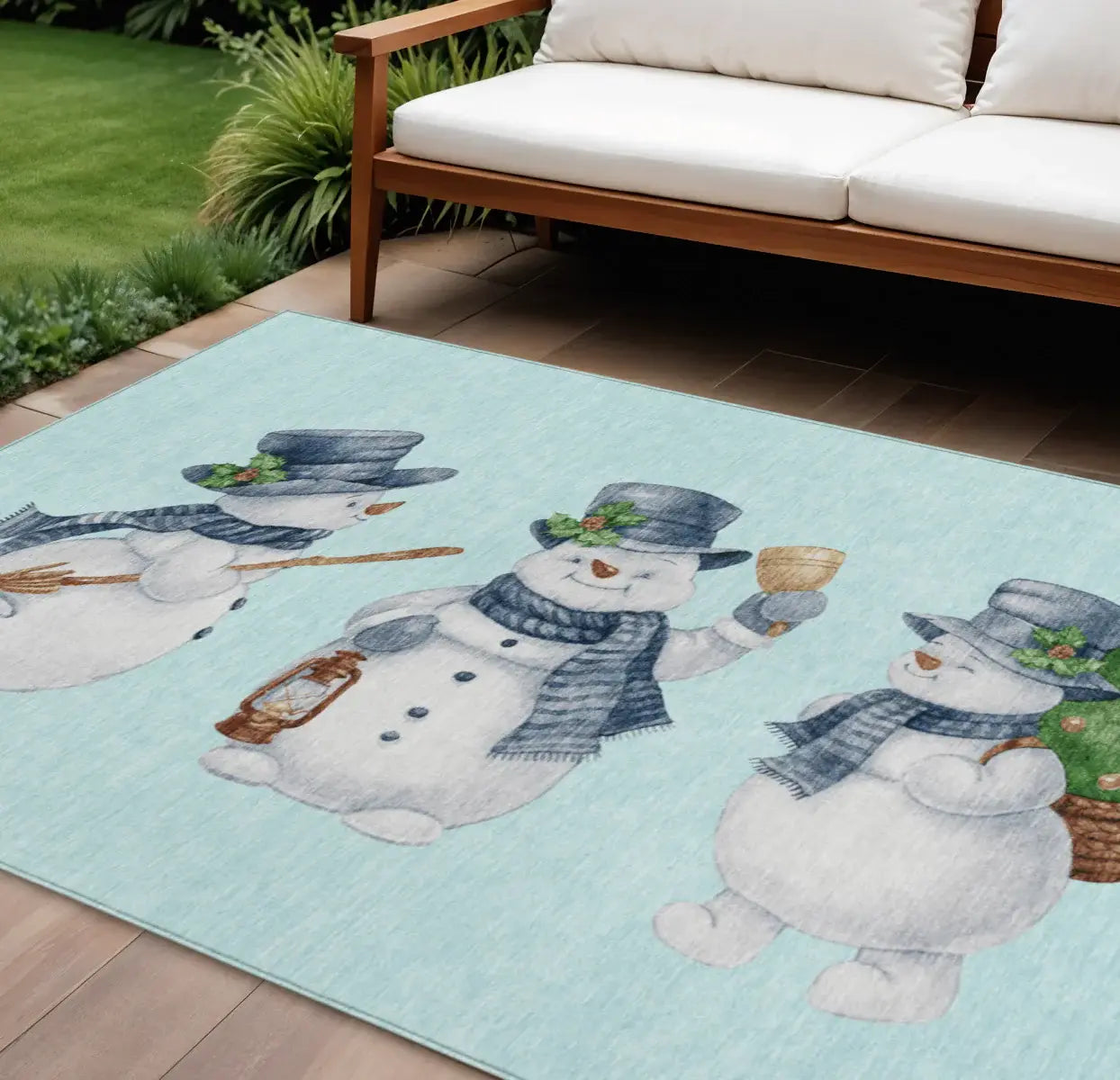 10' X 14' Sky Blue Denim Blue And Ivory Snowmen Washable Indoor Outdoor Area Rug - Homeroots - Flyclothing LLC