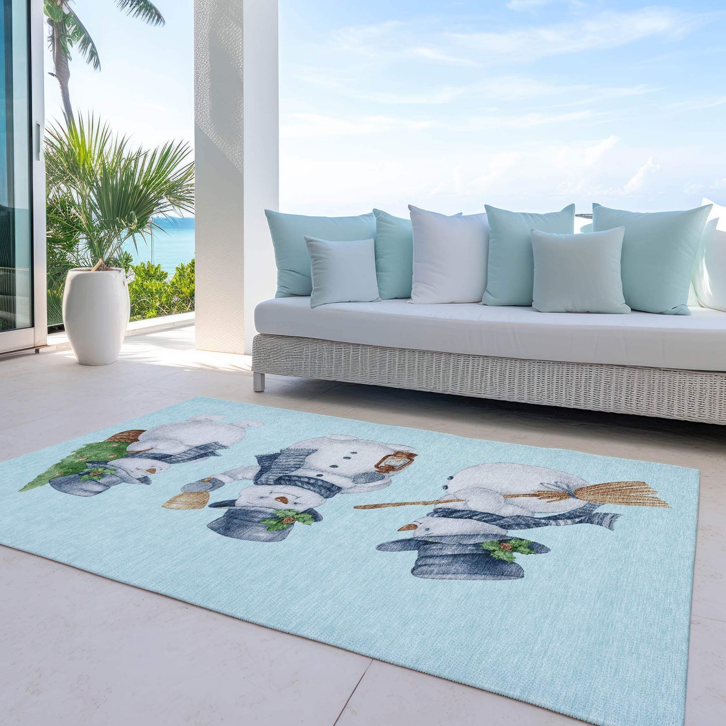10' X 14' Sky Blue Denim Blue And Ivory Snowmen Washable Indoor Outdoor Area Rug - Homeroots - Flyclothing LLC