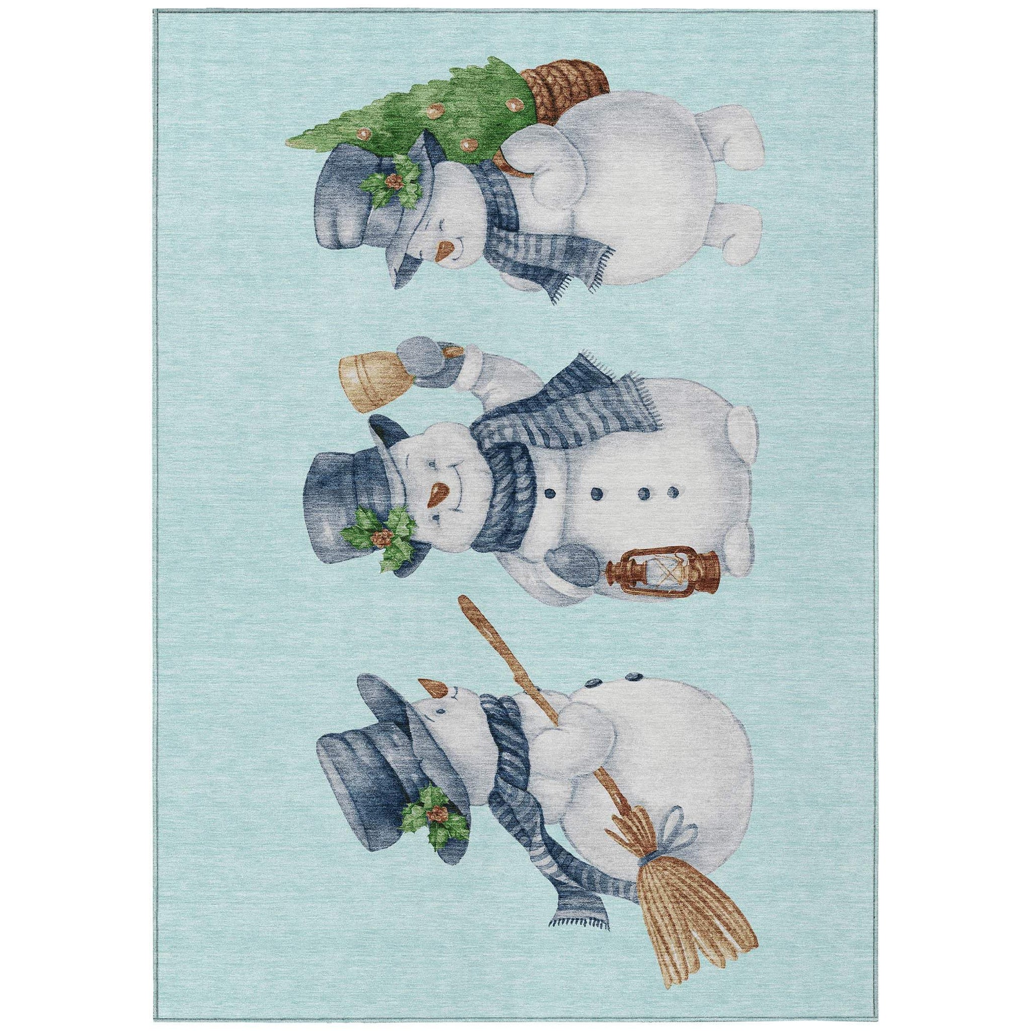 10' X 14' Sky Blue Denim Blue And Ivory Snowmen Washable Indoor Outdoor Area Rug - Homeroots - Flyclothing LLC