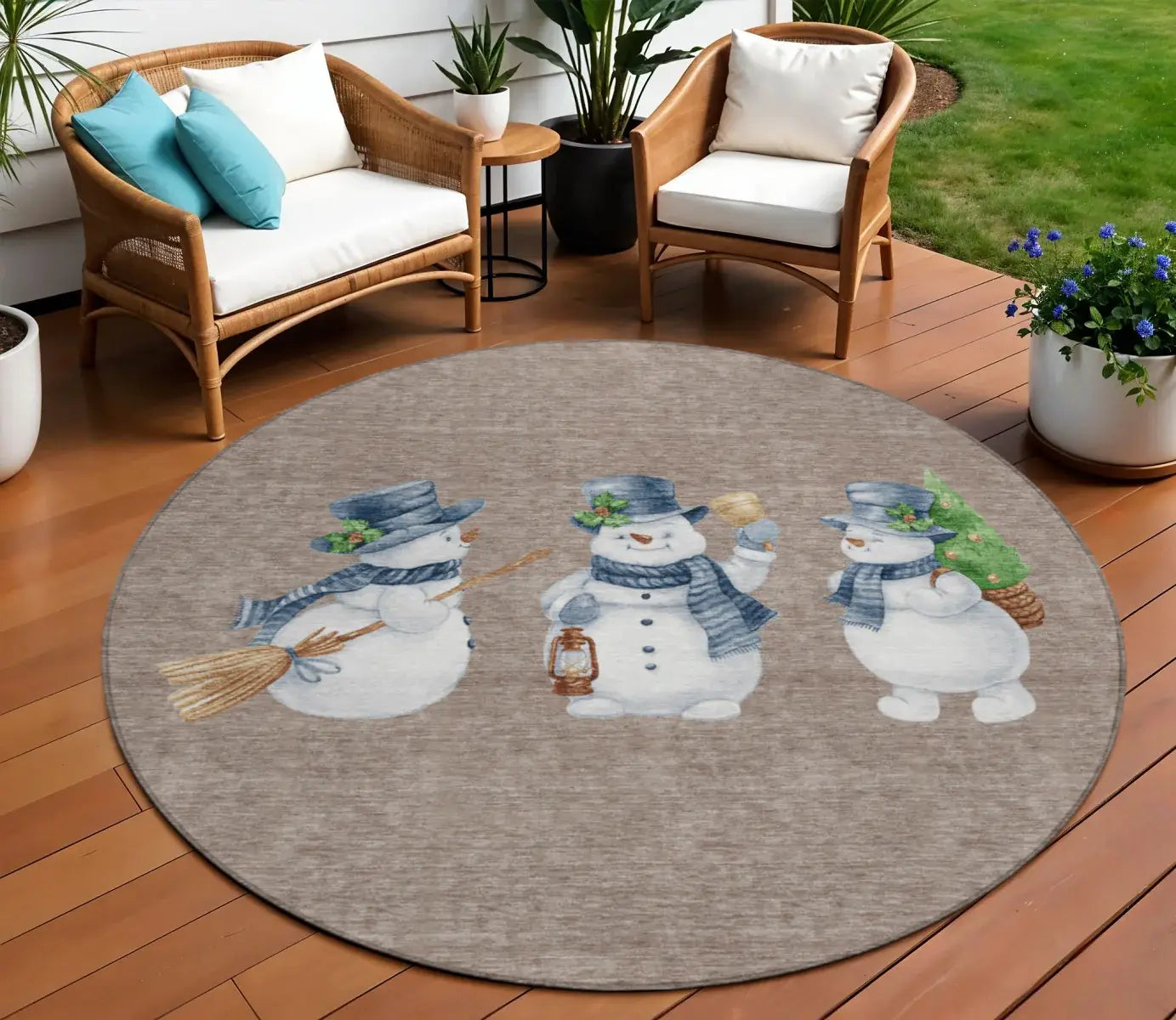 8' Taupe Denim Blue And Ivory Round Snowmen Washable Indoor Outdoor Area Rug - Homeroots - Flyclothing LLC