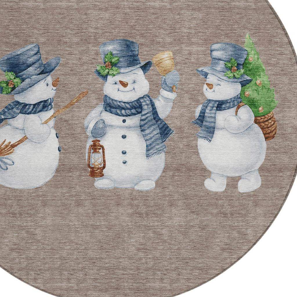 8' Taupe Denim Blue And Ivory Round Snowmen Washable Indoor Outdoor Area Rug - Homeroots - Flyclothing LLC