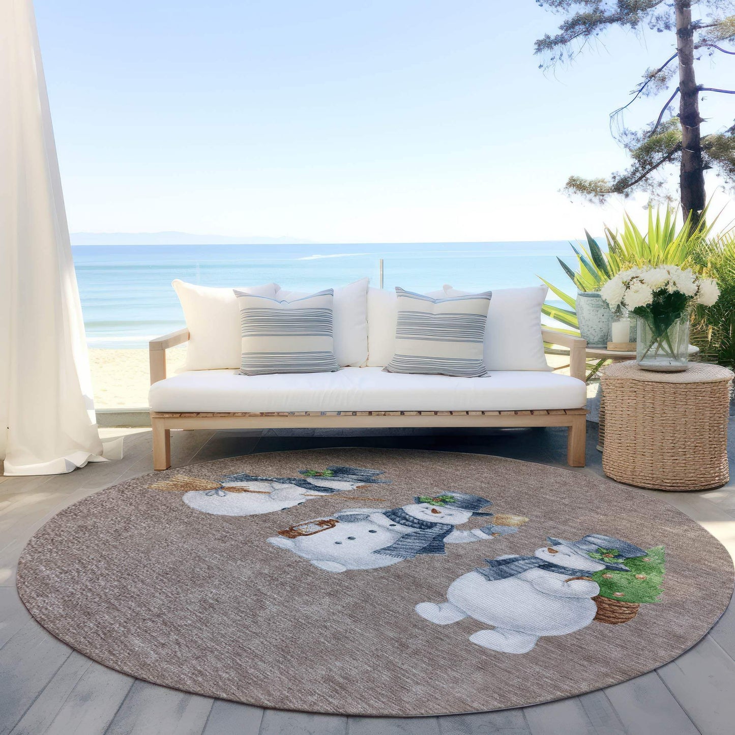 8' Taupe Denim Blue And Ivory Round Snowmen Washable Indoor Outdoor Area Rug - Homeroots - Flyclothing LLC