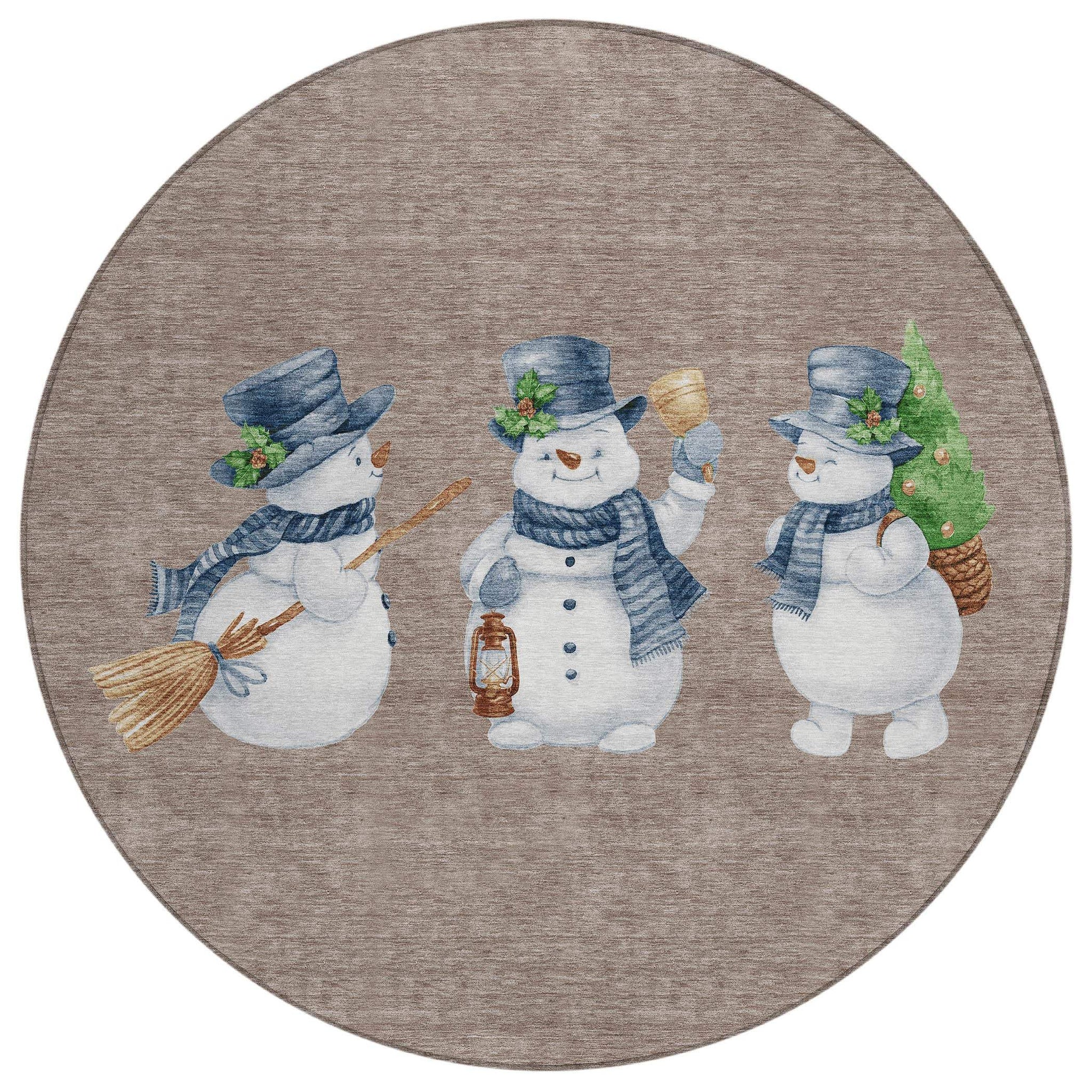 8' Taupe Denim Blue And Ivory Round Snowmen Washable Indoor Outdoor Area Rug - Homeroots - Flyclothing LLC