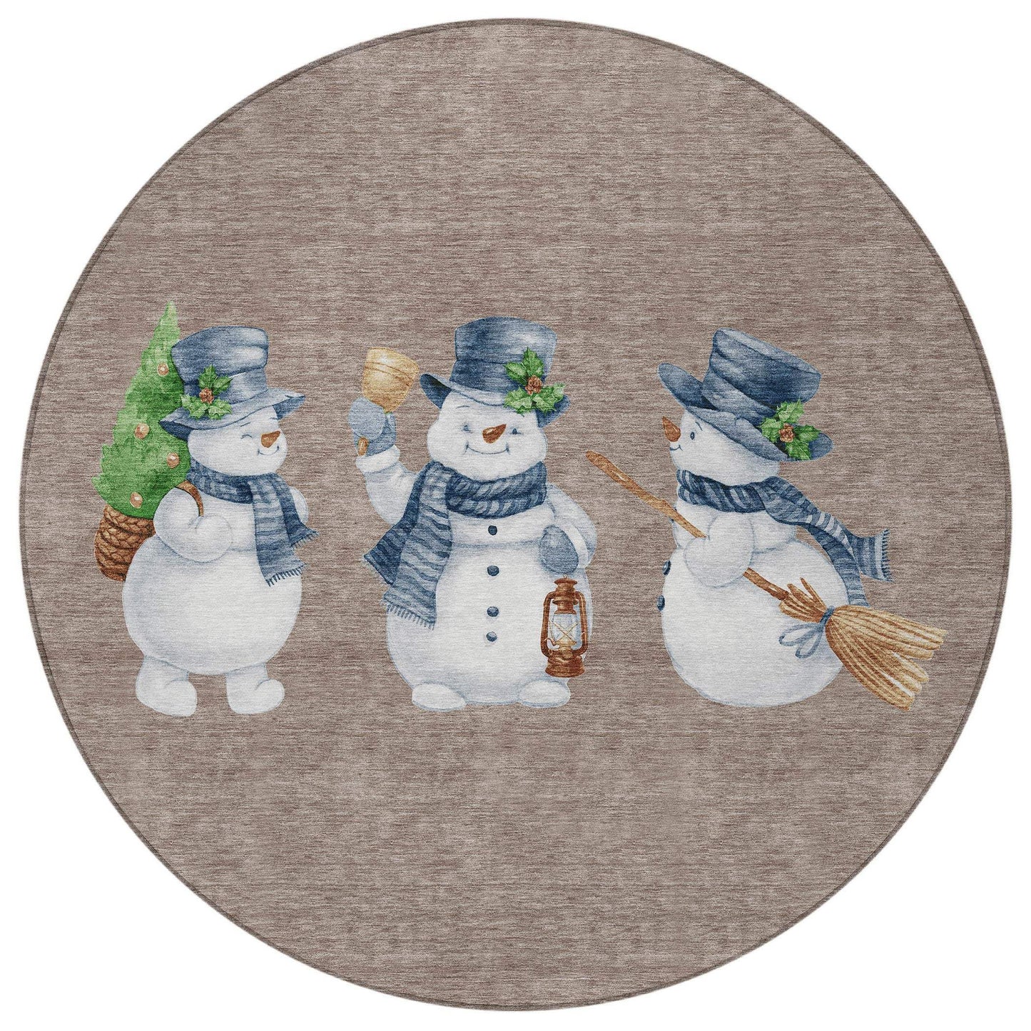 8' Taupe Denim Blue And Ivory Round Snowmen Washable Indoor Outdoor Area Rug - Homeroots - Flyclothing LLC