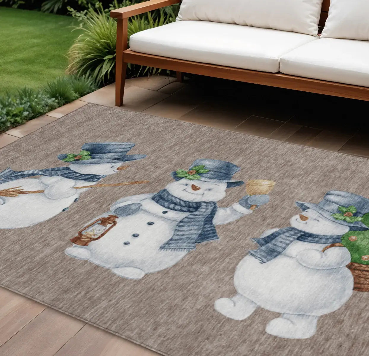 8' X 10' Taupe Denim Blue And Ivory Snowmen Washable Indoor Outdoor Area Rug - Homeroots - Flyclothing LLC