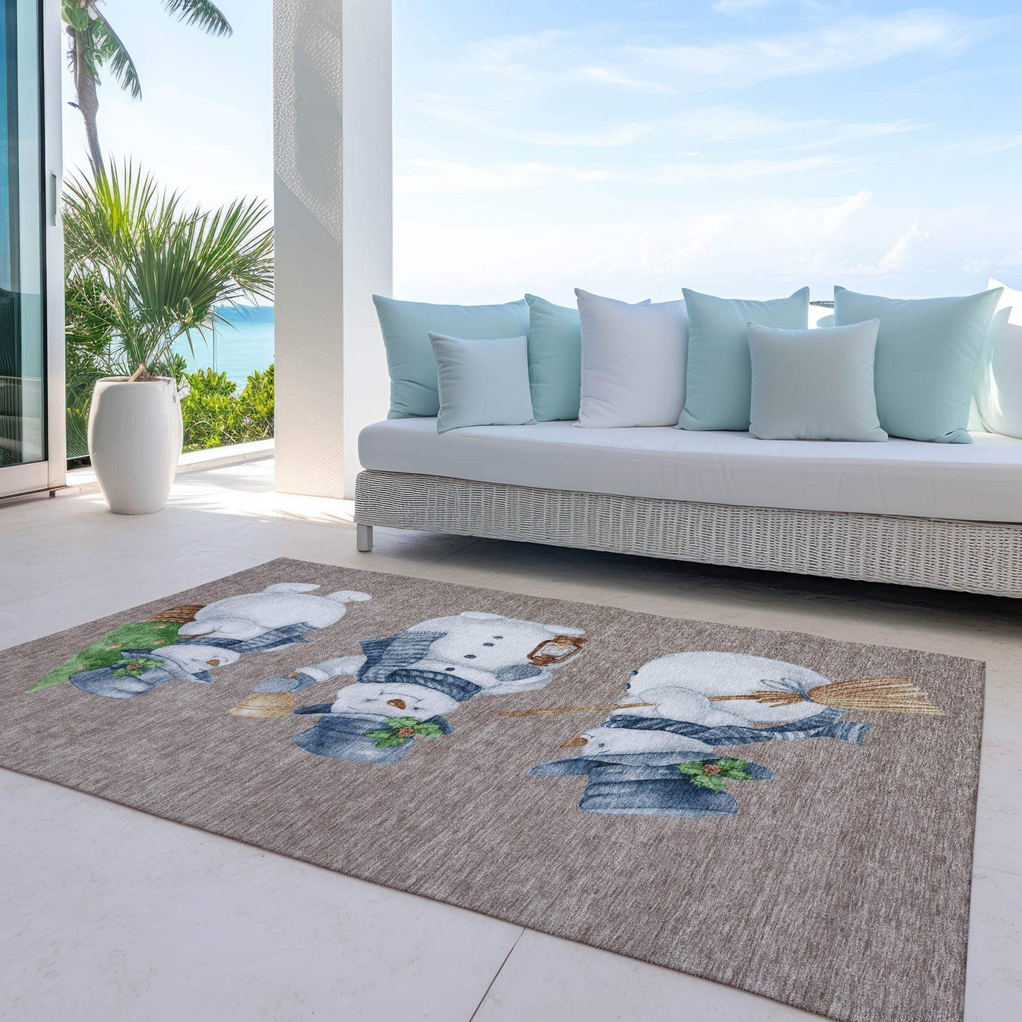 8' X 10' Taupe Denim Blue And Ivory Snowmen Washable Indoor Outdoor Area Rug - Homeroots - Flyclothing LLC