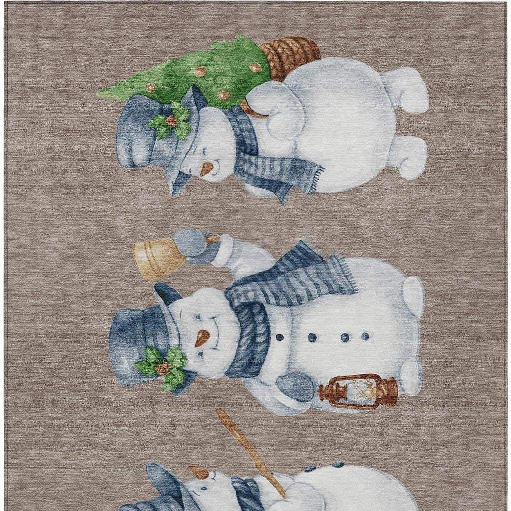 9' X 12' Taupe Denim Blue And Ivory Snowmen Washable Indoor Outdoor Area Rug - Homeroots - Flyclothing LLC