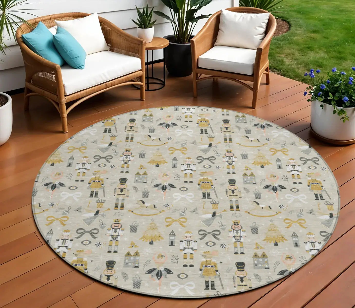 8' Beige Gold Black And Gray Round Nutcracker Washable Indoor Outdoor Area Rug - Homeroots - Flyclothing LLC