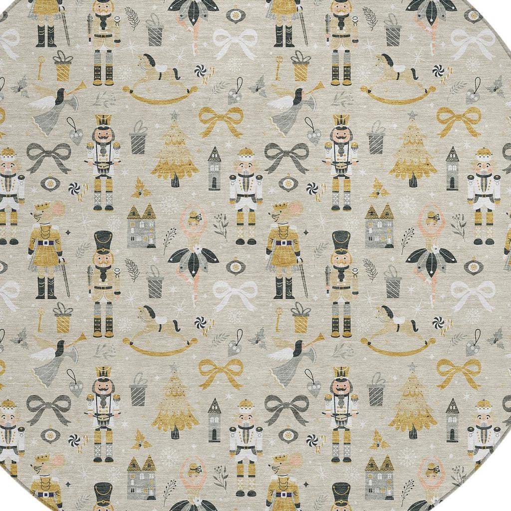 8' Beige Gold Black And Gray Round Nutcracker Washable Indoor Outdoor Area Rug - Homeroots - Flyclothing LLC