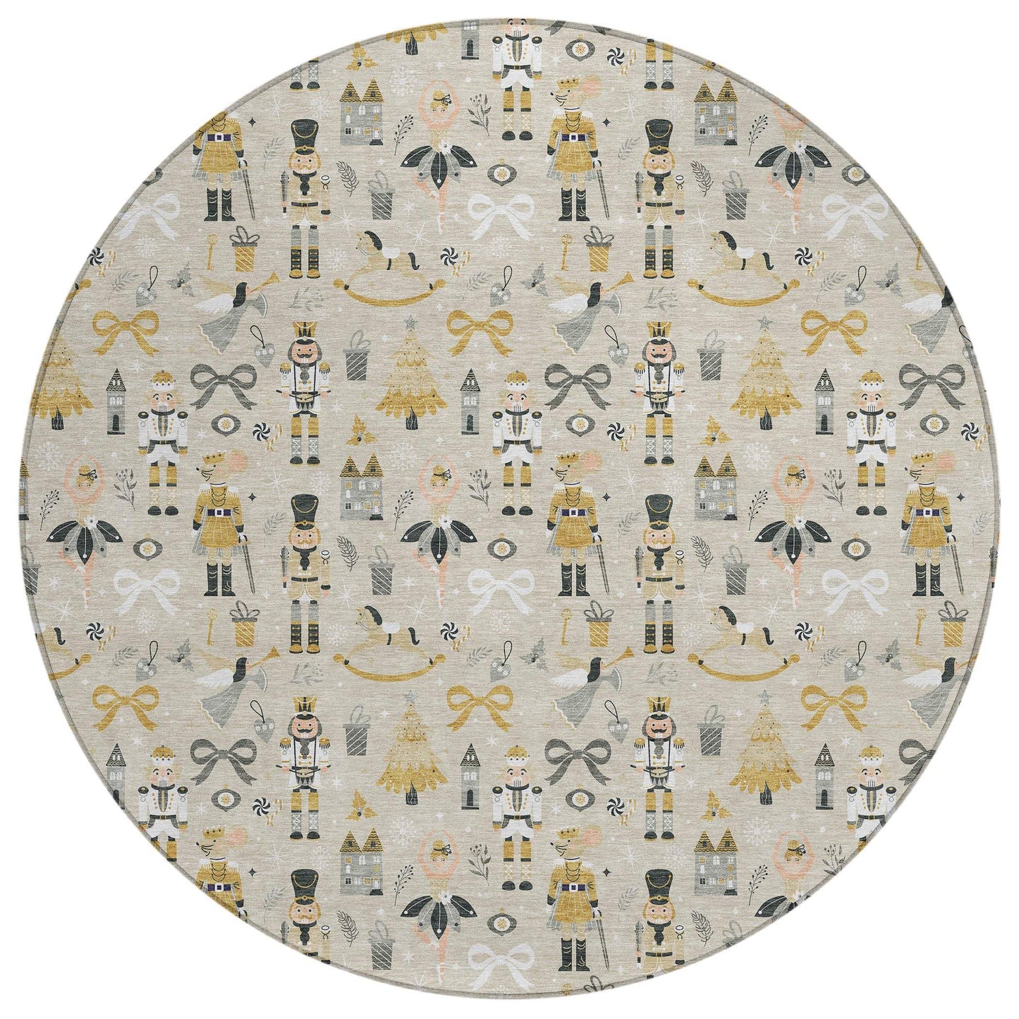 8' Beige Gold Black And Gray Round Nutcracker Washable Indoor Outdoor Area Rug - Homeroots - Flyclothing LLC