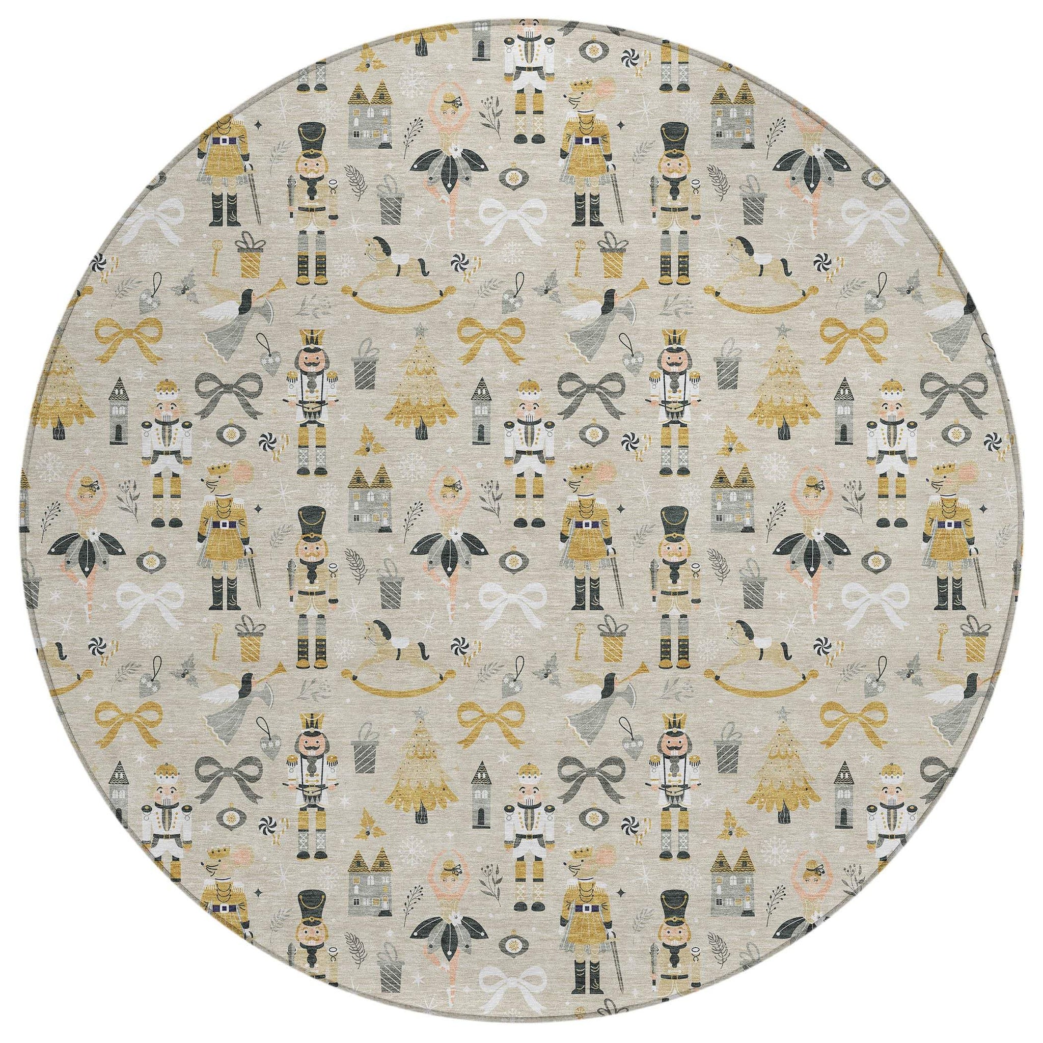 8' Beige Gold Black And Gray Round Nutcracker Washable Indoor Outdoor Area Rug - Homeroots - Flyclothing LLC