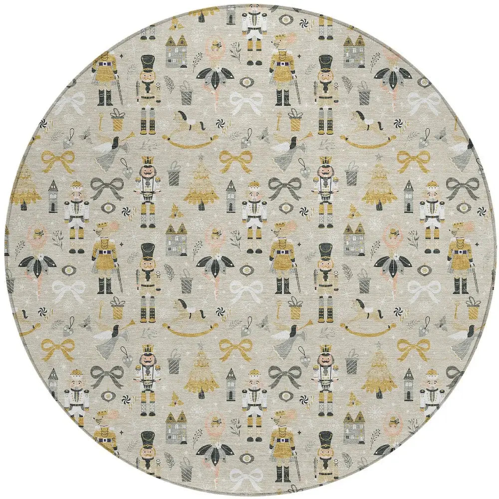 8' Beige Gold Black And Gray Round Nutcracker Washable Indoor Outdoor Area Rug - Homeroots - Flyclothing LLC