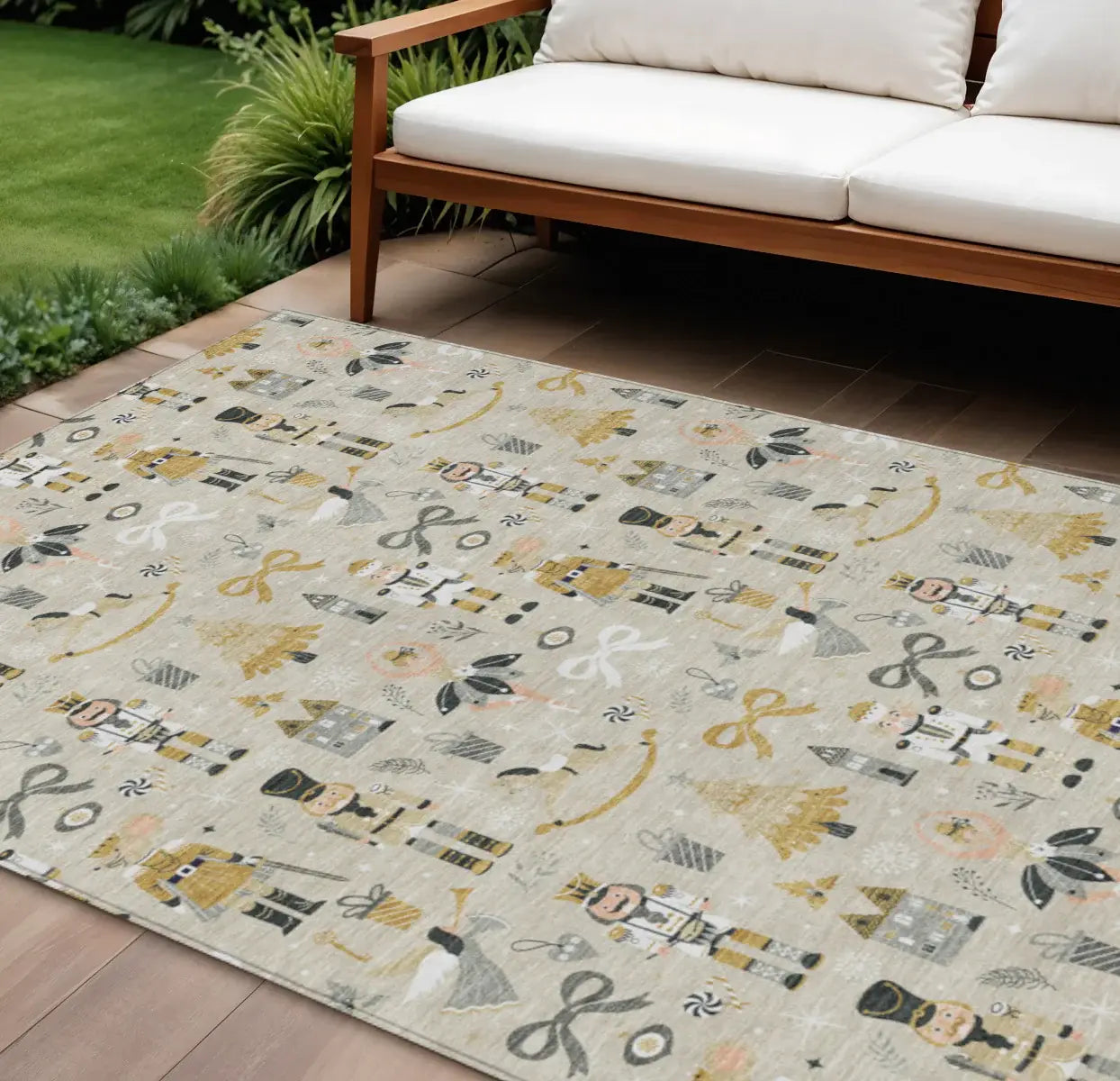 10' X 14' Beige Gold Black And Gray Nutcracker Washable Indoor Outdoor Area Rug - Homeroots - Flyclothing LLC