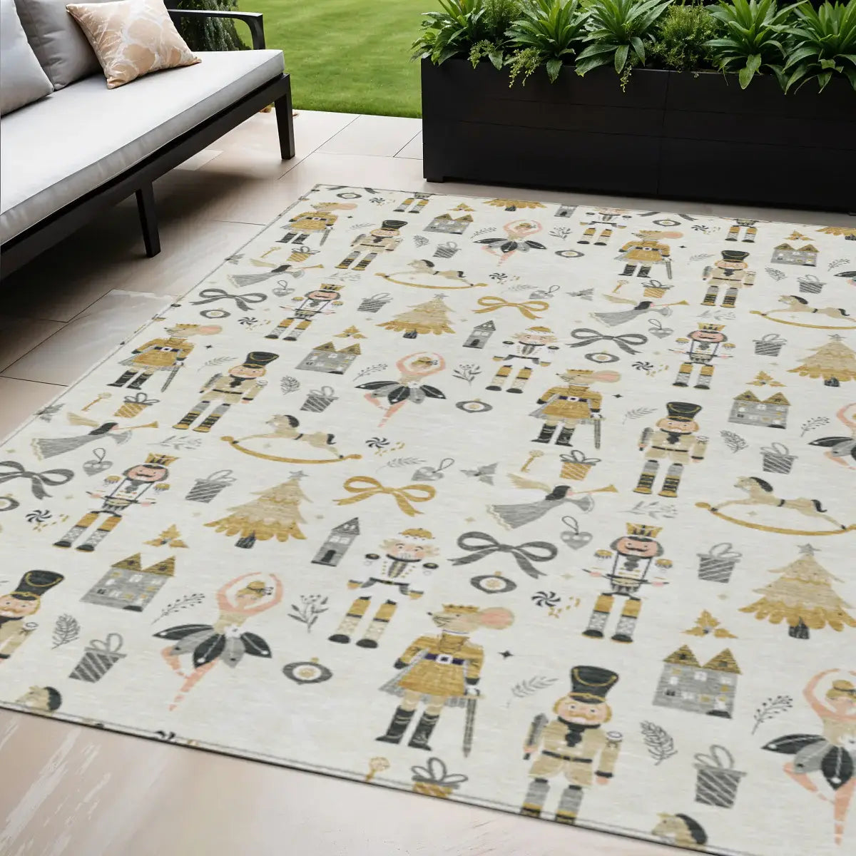 5' X 8' Ivory Gold Black And Gray Nutcracker Washable Indoor Outdoor Area Rug - Homeroots - Flyclothing LLC