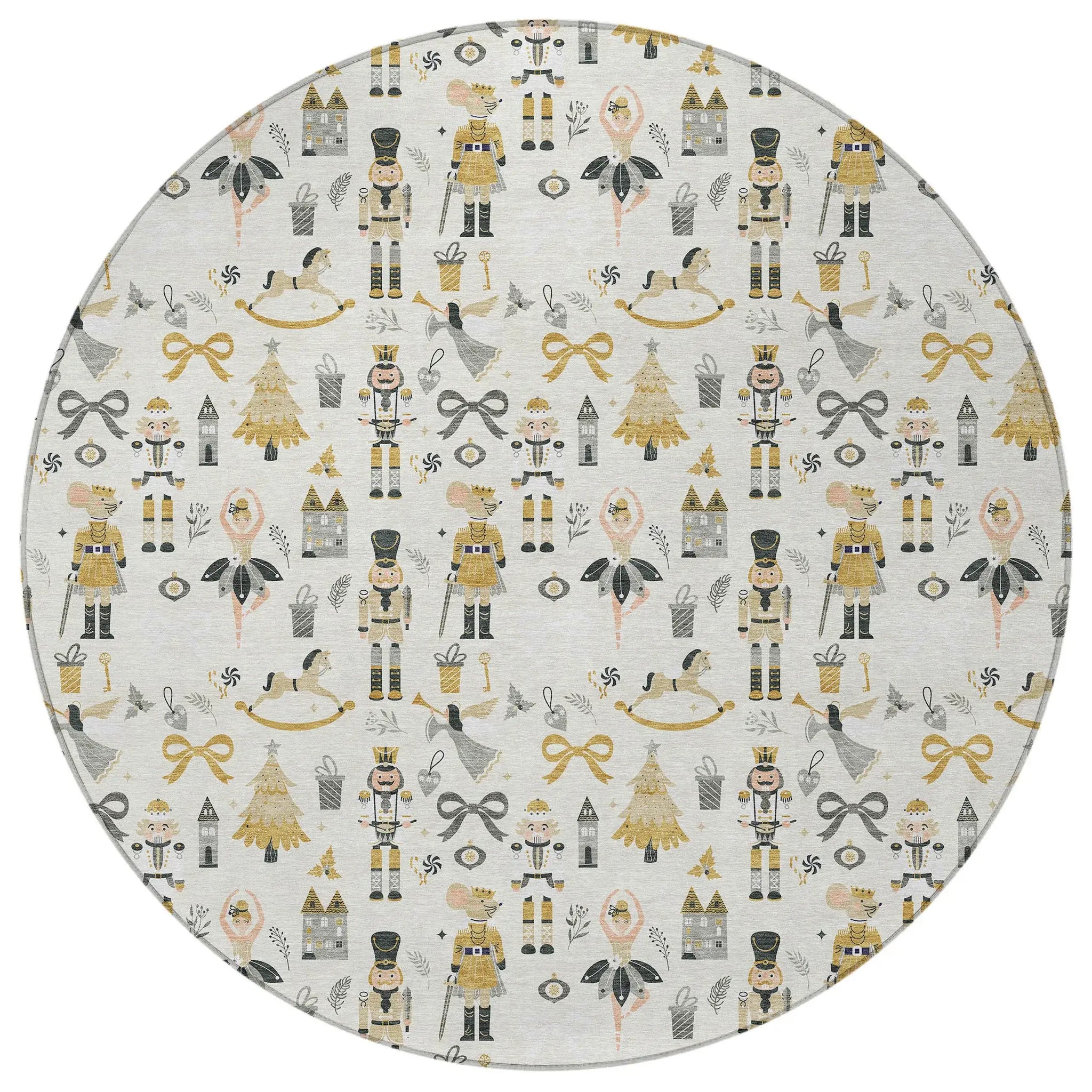 8' Ivory Gold Black And Gray Round Nutcracker Washable Indoor Outdoor Area Rug - Homeroots - Flyclothing LLC