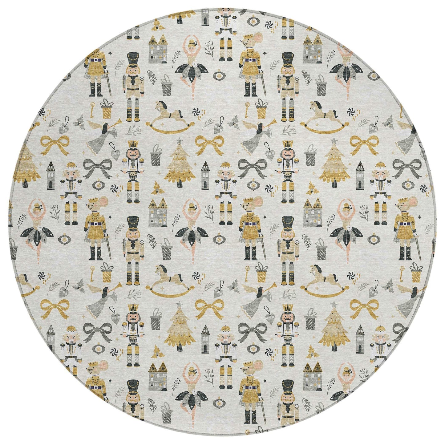 8' Ivory Gold Black And Gray Round Nutcracker Washable Indoor Outdoor Area Rug - Homeroots - Flyclothing LLC