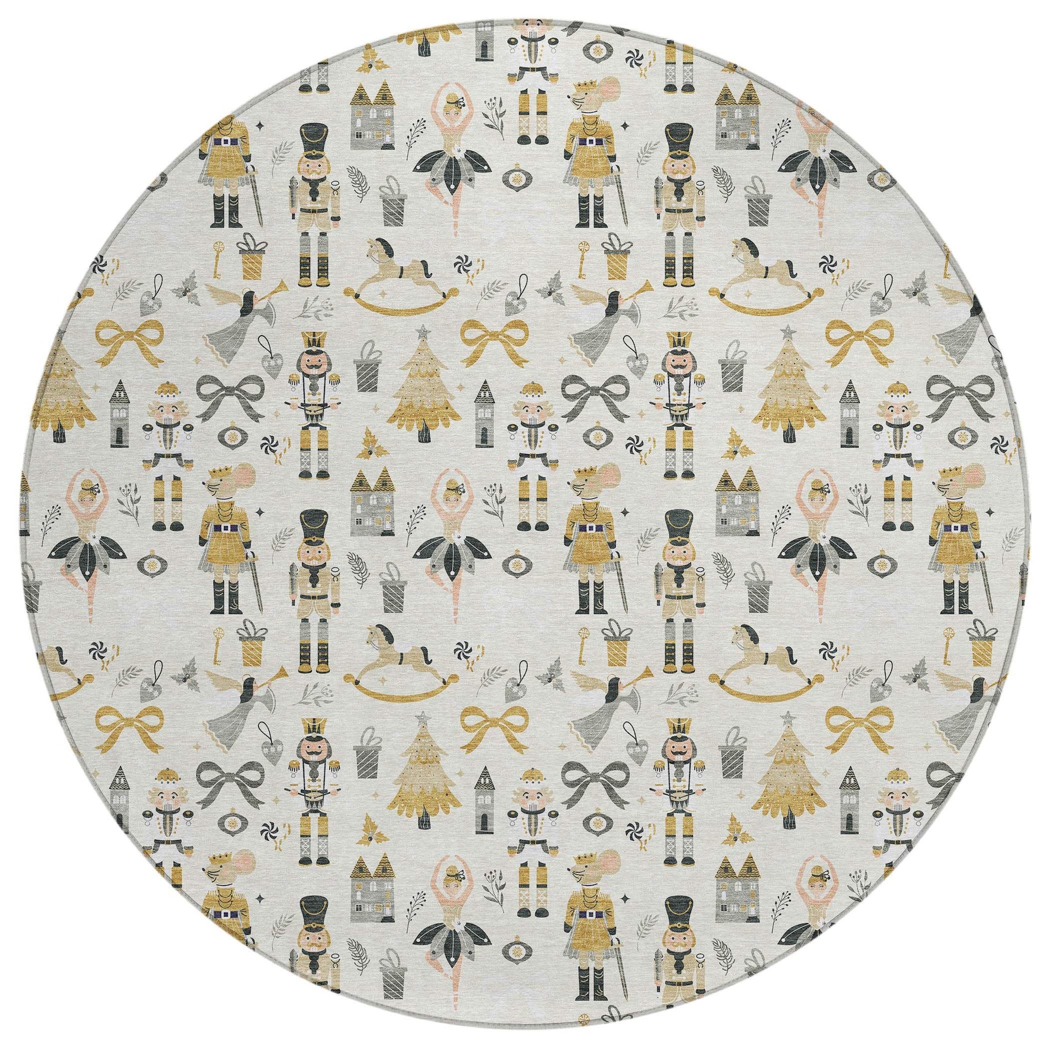 8' Ivory Gold Black And Gray Round Nutcracker Washable Indoor Outdoor Area Rug - Homeroots - Flyclothing LLC