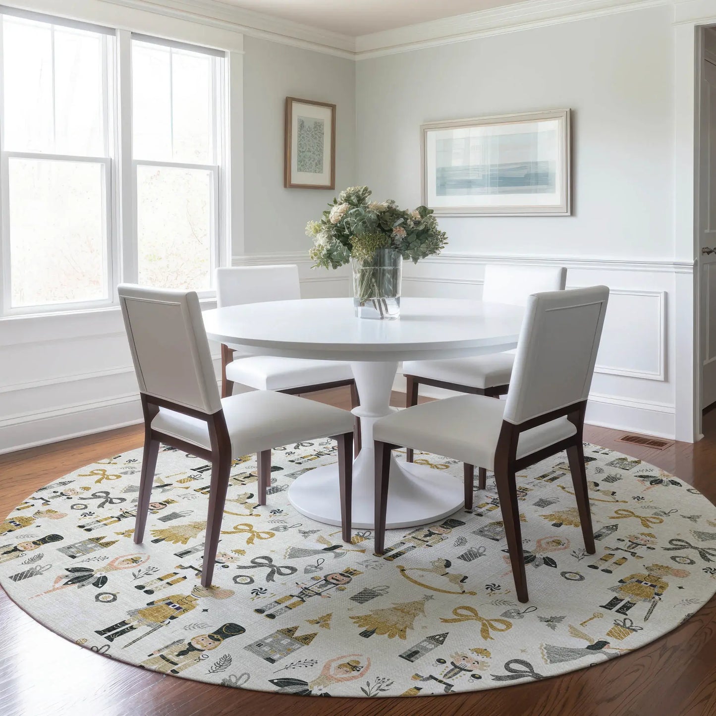 8' Ivory Gold Black And Gray Round Nutcracker Washable Indoor Outdoor Area Rug - Homeroots - Flyclothing LLC
