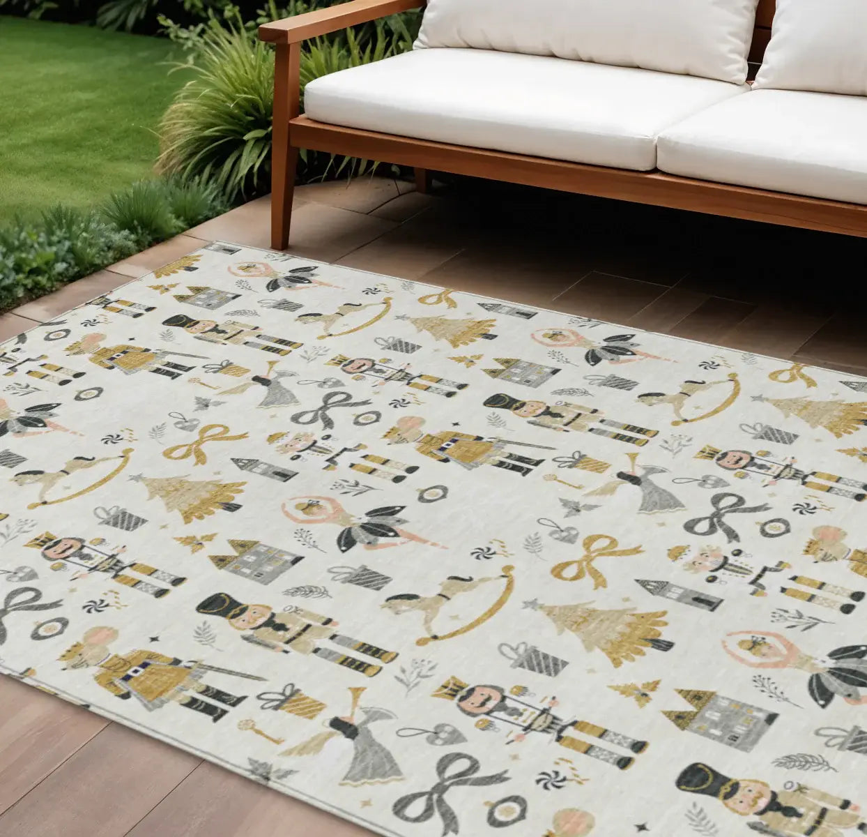 9' X 12' Ivory Gold Black And Gray Nutcracker Washable Indoor Outdoor Area Rug - Homeroots - Flyclothing LLC