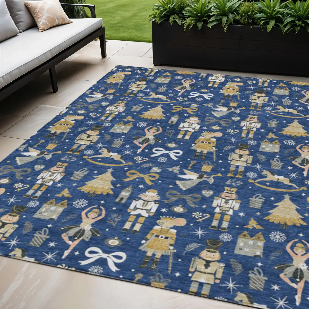 5' X 8' Navy Blue Gold Black And Gray Nutcracker Washable Indoor Outdoor Area Rug - Homeroots - Flyclothing LLC