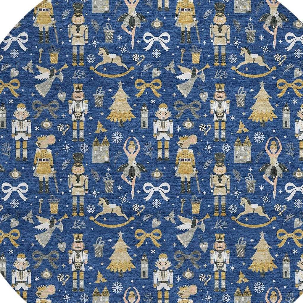 8' Navy Blue Gold Black And Gray Round Nutcracker Washable Indoor Outdoor Area Rug - Homeroots - Flyclothing LLC