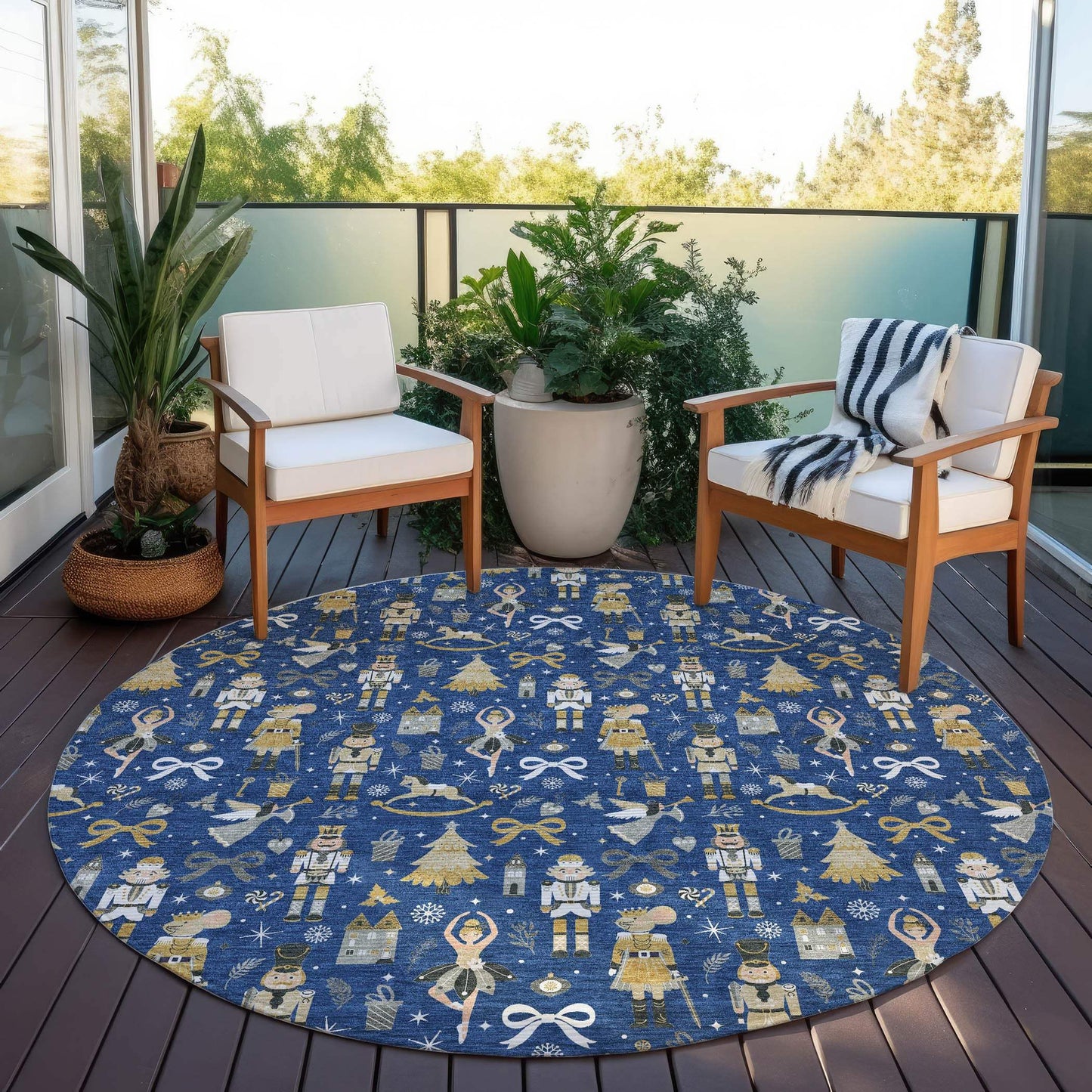 8' Navy Blue Gold Black And Gray Round Nutcracker Washable Indoor Outdoor Area Rug - Homeroots - Flyclothing LLC