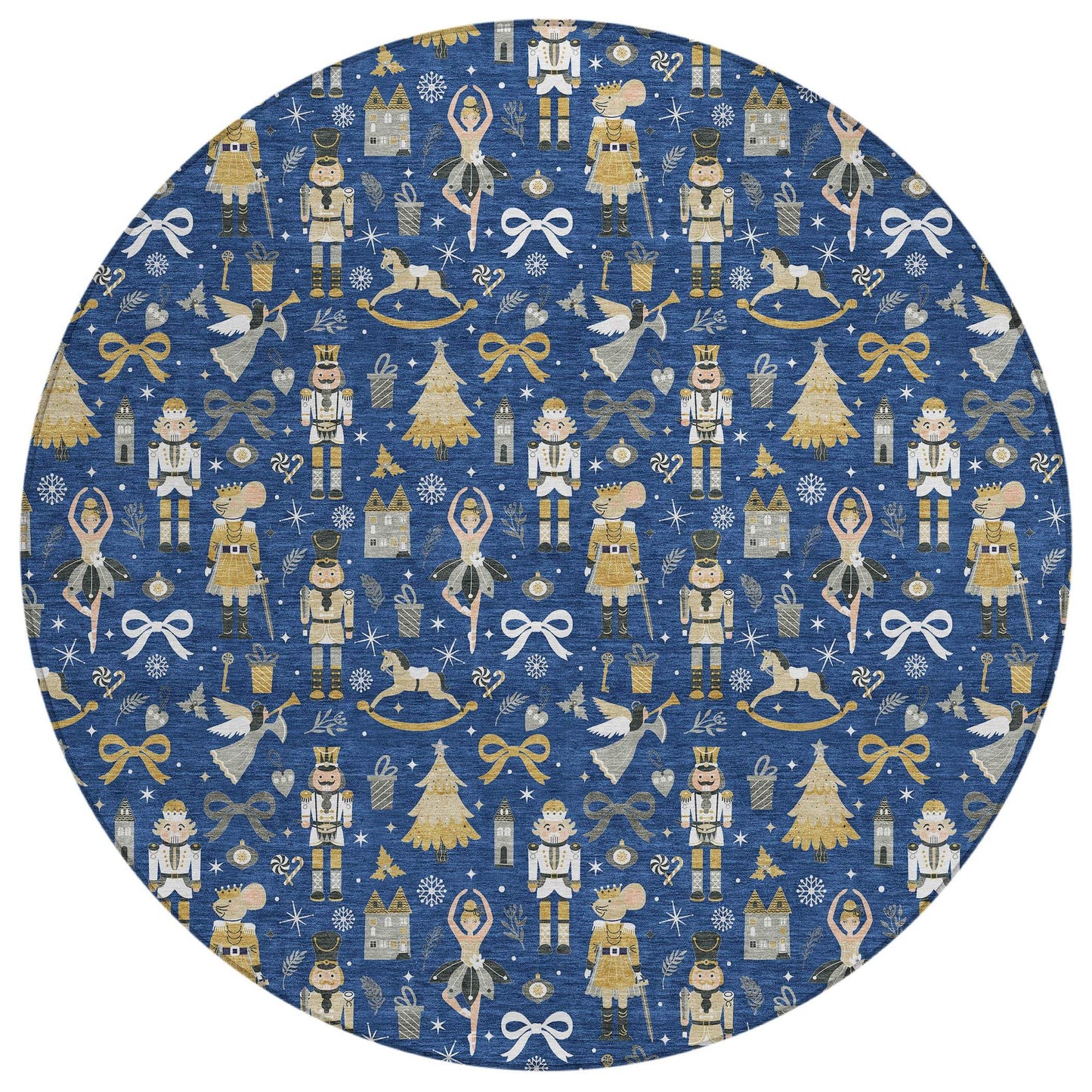 8' Navy Blue Gold Black And Gray Round Nutcracker Washable Indoor Outdoor Area Rug - Homeroots - Flyclothing LLC