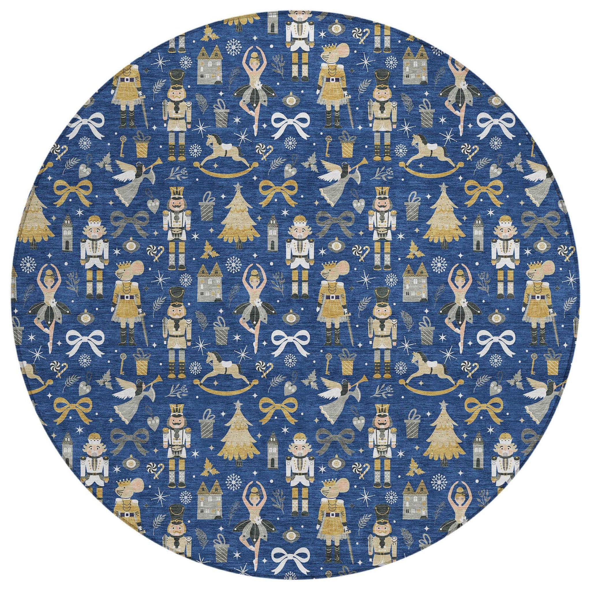 8' Navy Blue Gold Black And Gray Round Nutcracker Washable Indoor Outdoor Area Rug - Homeroots - Flyclothing LLC