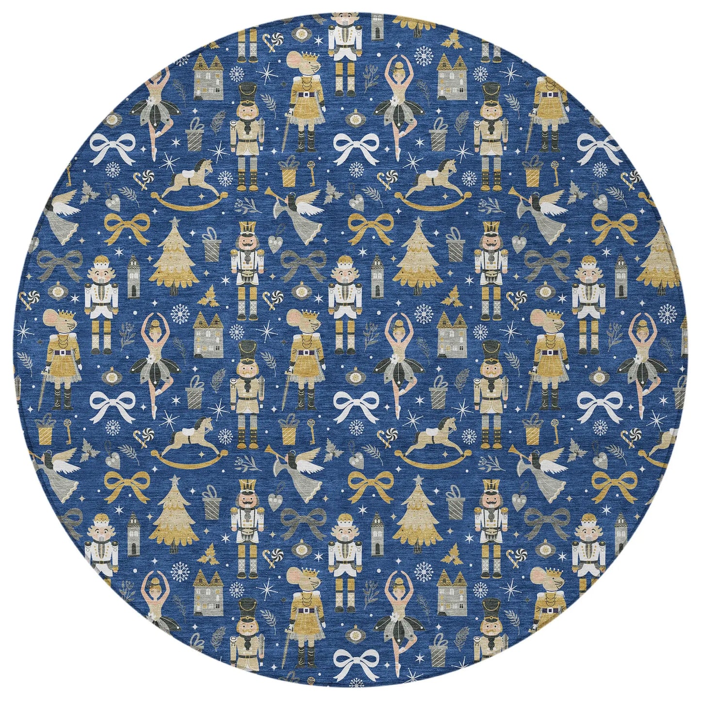 8' Navy Blue Gold Black And Gray Round Nutcracker Washable Indoor Outdoor Area Rug - Homeroots - Flyclothing LLC
