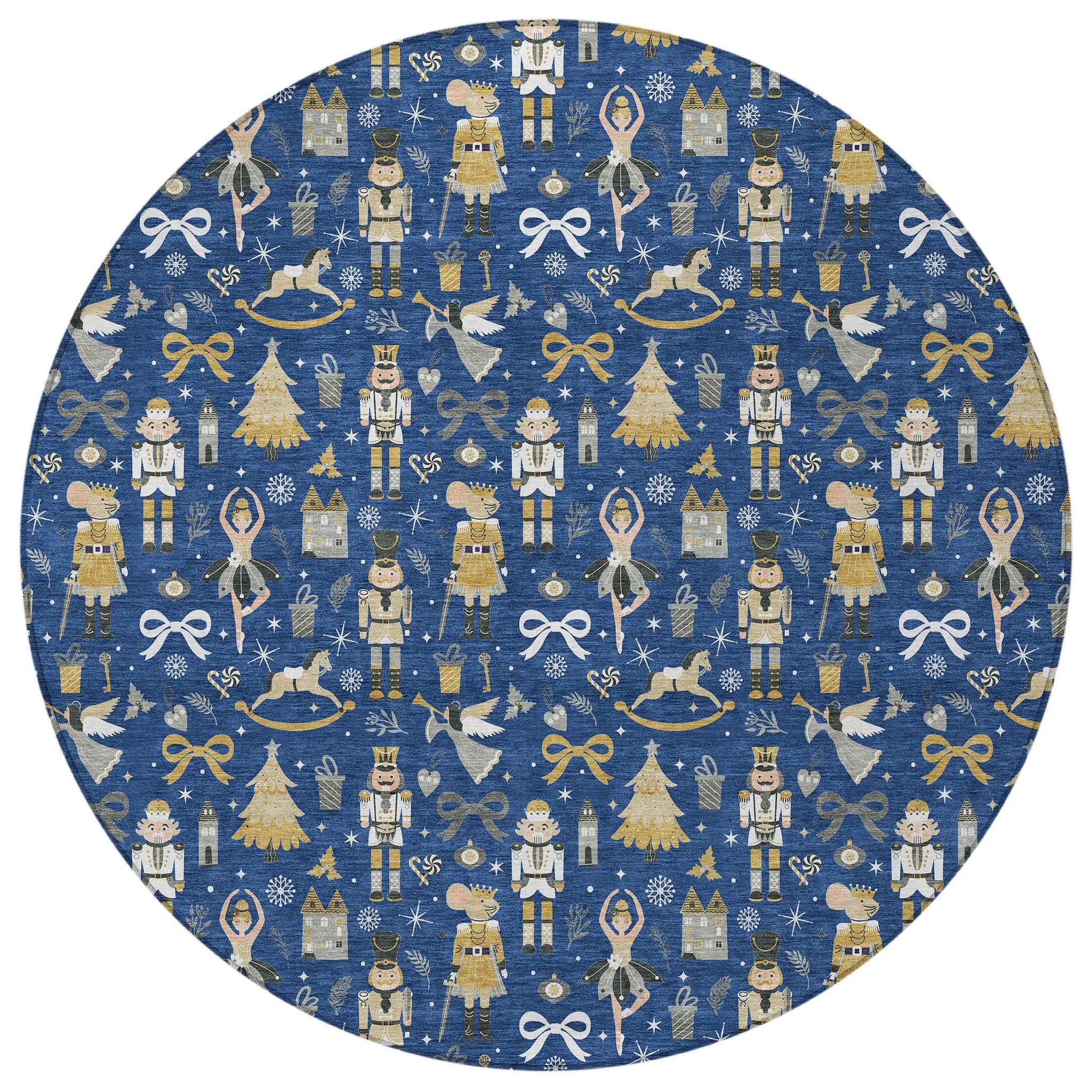 8' Navy Blue Gold Black And Gray Round Nutcracker Washable Indoor Outdoor Area Rug - Homeroots - Flyclothing LLC