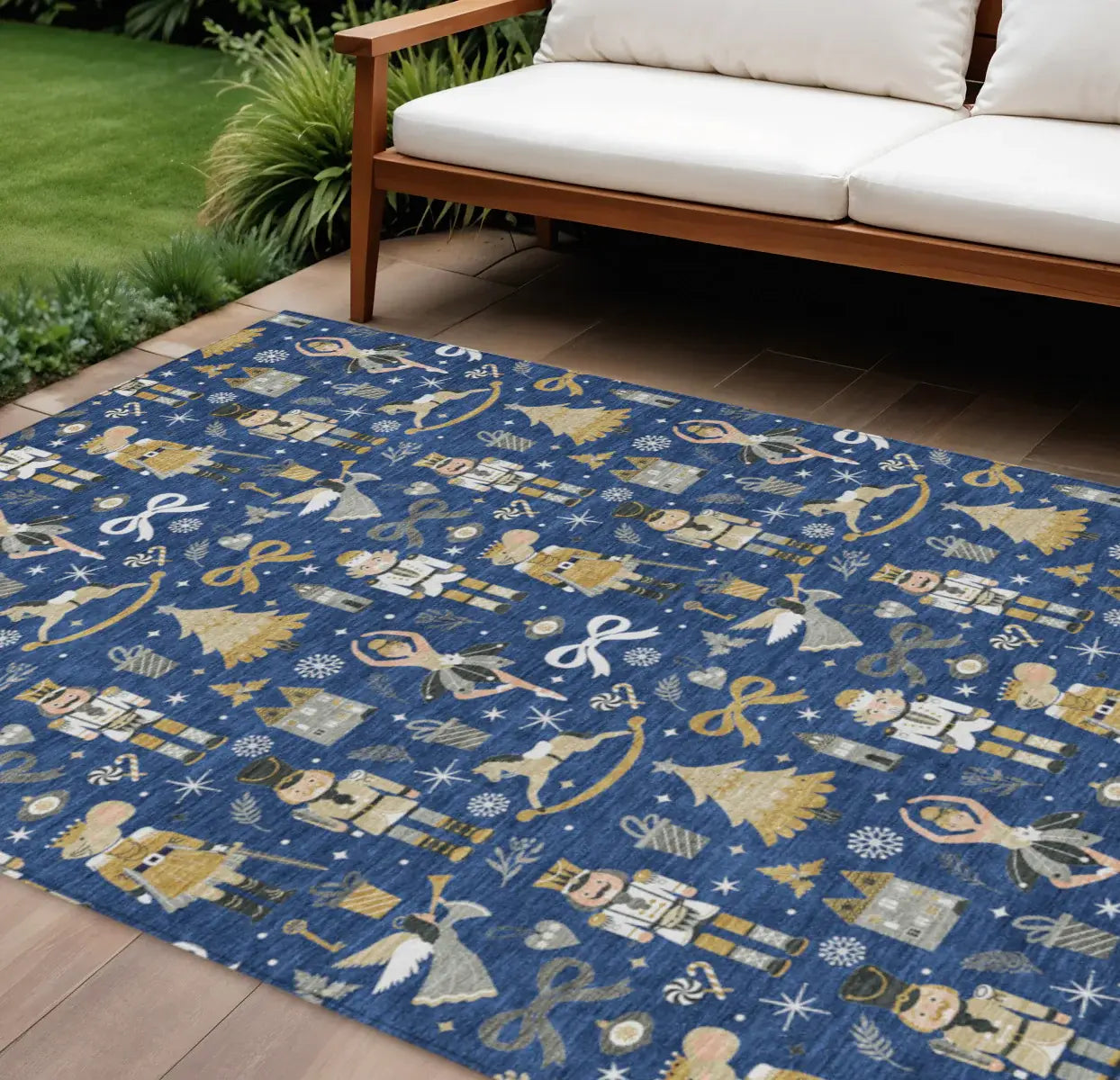 9' X 12' Navy Blue Gold Black And Gray Nutcracker Washable Indoor Outdoor Area Rug - Homeroots - Flyclothing LLC