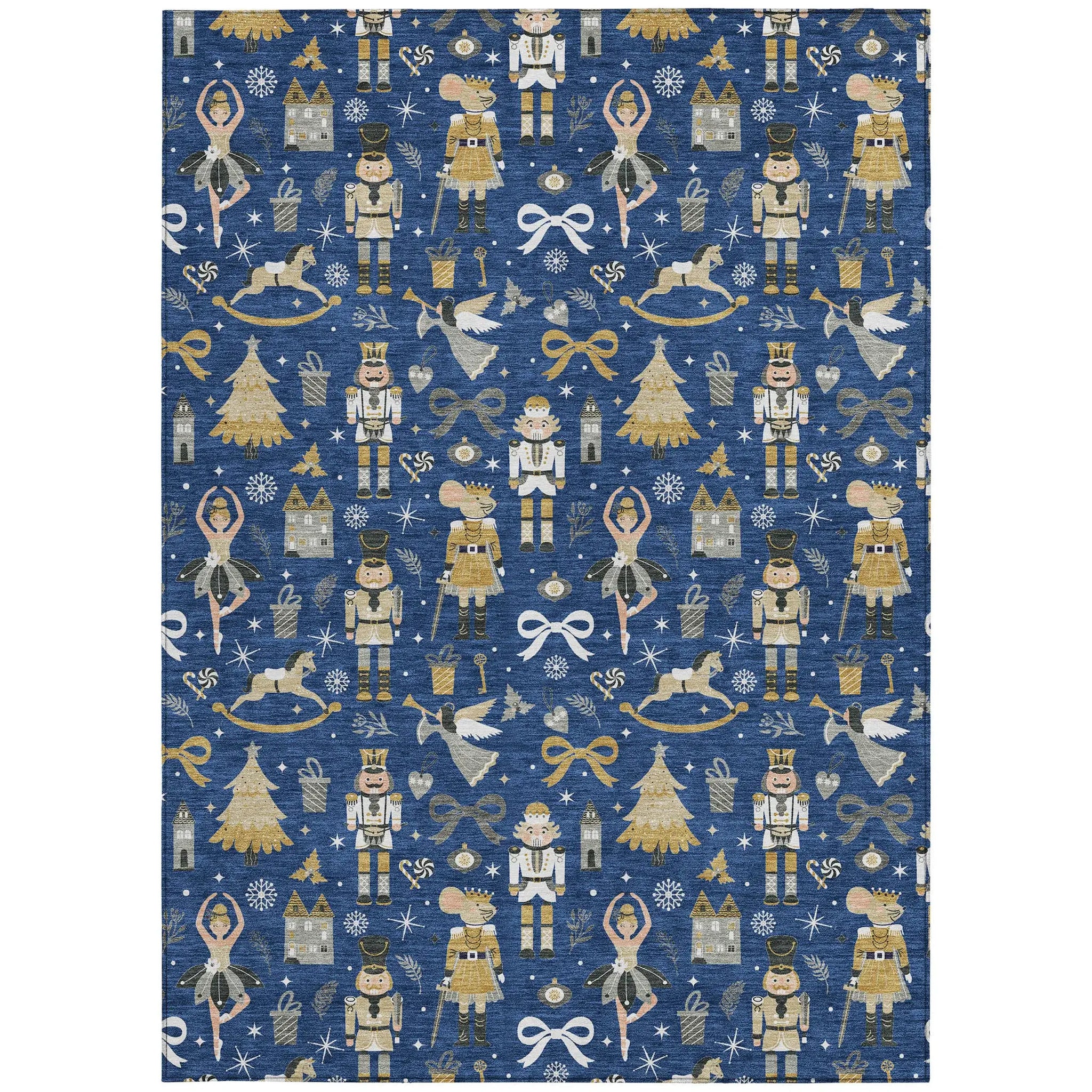 9' X 12' Navy Blue Gold Black And Gray Nutcracker Washable Indoor Outdoor Area Rug - Homeroots - Flyclothing LLC