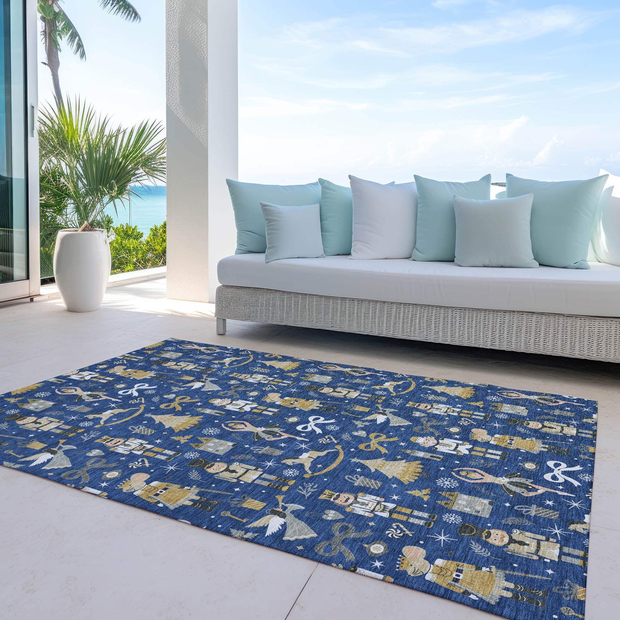 9' X 12' Navy Blue Gold Black And Gray Nutcracker Washable Indoor Outdoor Area Rug - Homeroots - Flyclothing LLC