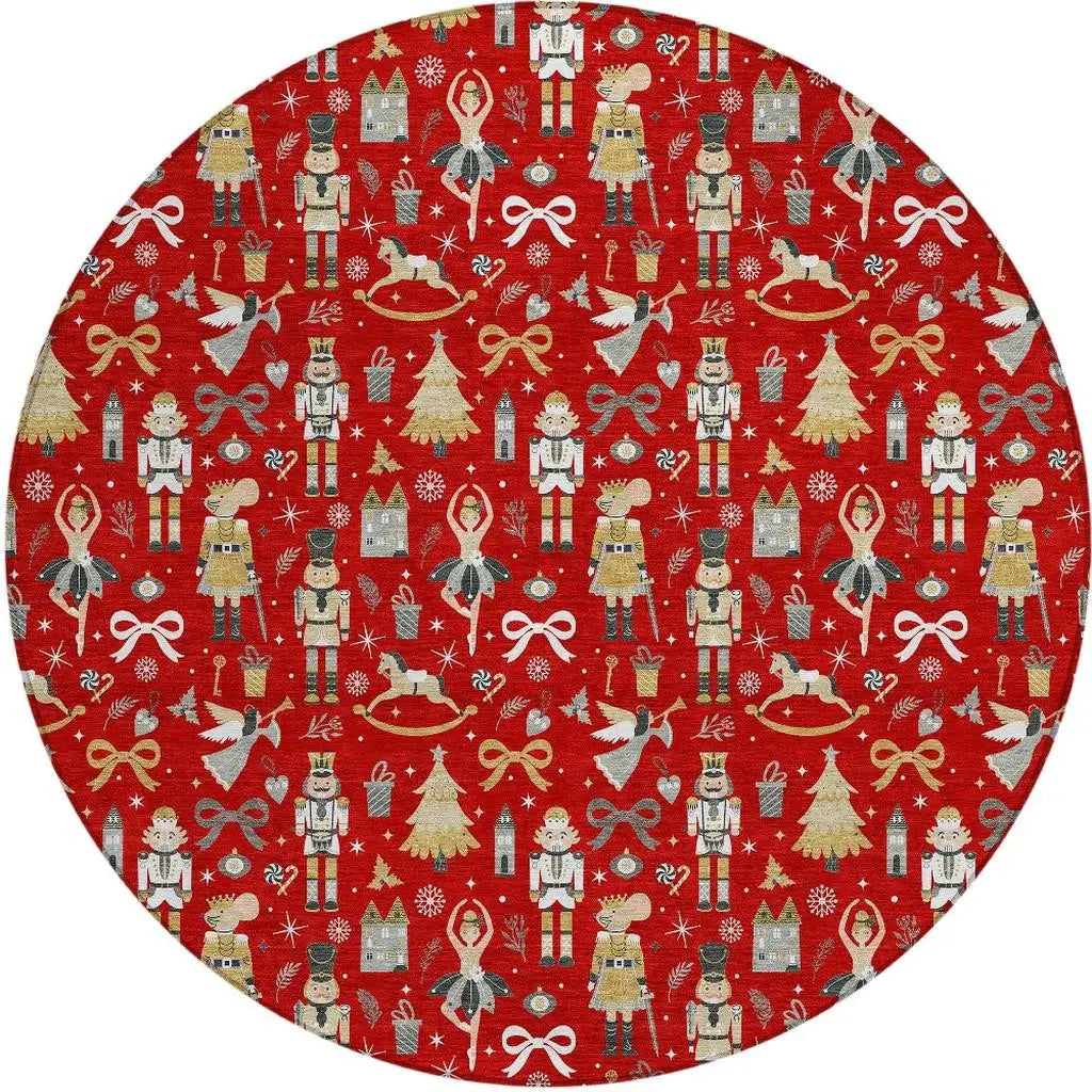 8' Red Gold Black And Gray Round Nutcracker Washable Indoor Outdoor Area Rug - Homeroots - Flyclothing LLC