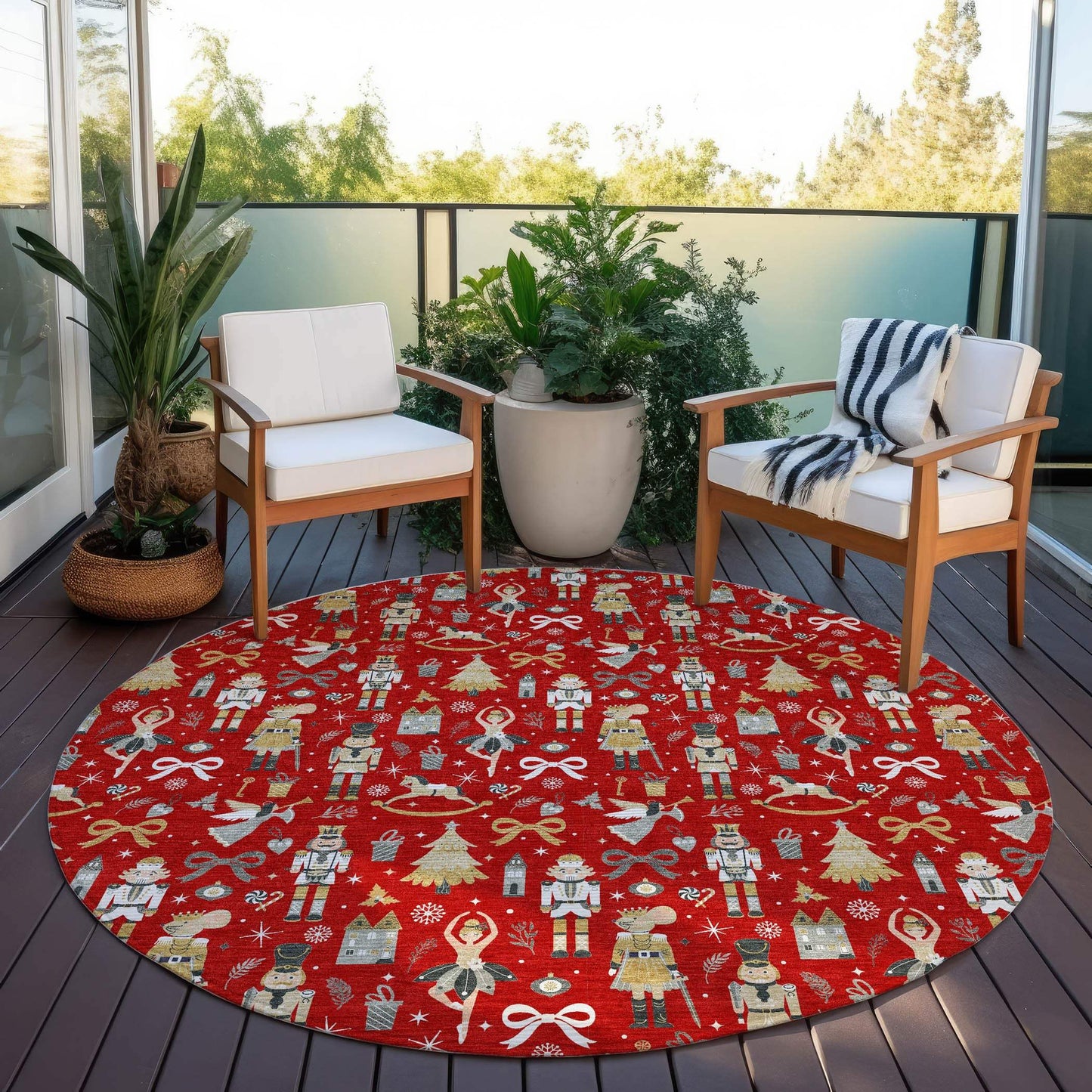8' Red Gold Black And Gray Round Nutcracker Washable Indoor Outdoor Area Rug - Homeroots - Flyclothing LLC