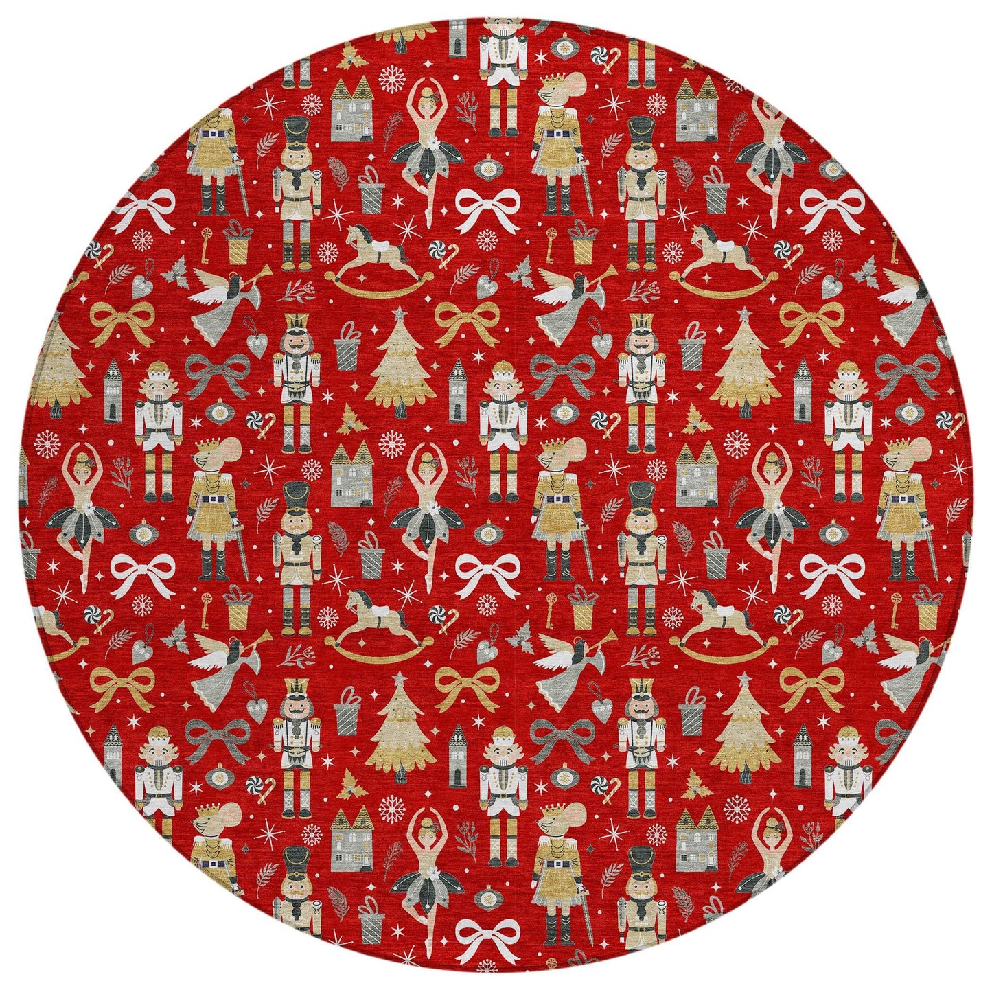 8' Red Gold Black And Gray Round Nutcracker Washable Indoor Outdoor Area Rug - Homeroots - Flyclothing LLC