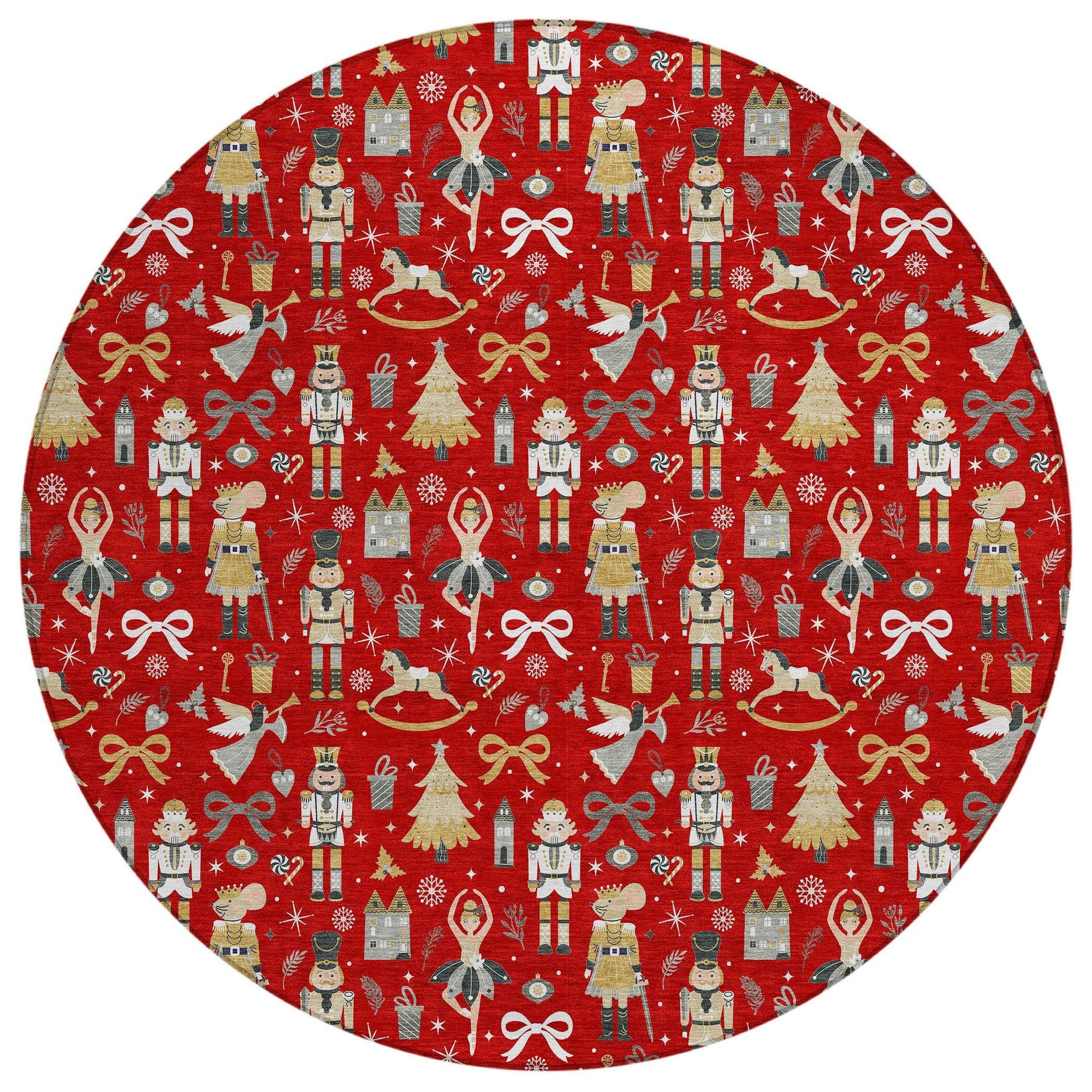 8' Red Gold Black And Gray Round Nutcracker Washable Indoor Outdoor Area Rug - Homeroots - Flyclothing LLC