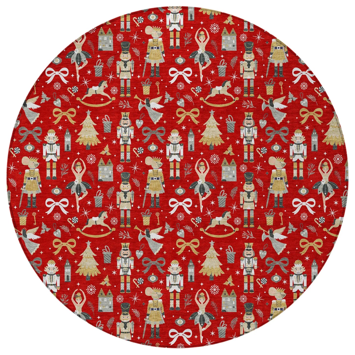 8' Red Gold Black And Gray Round Nutcracker Washable Indoor Outdoor Area Rug - Homeroots - Flyclothing LLC