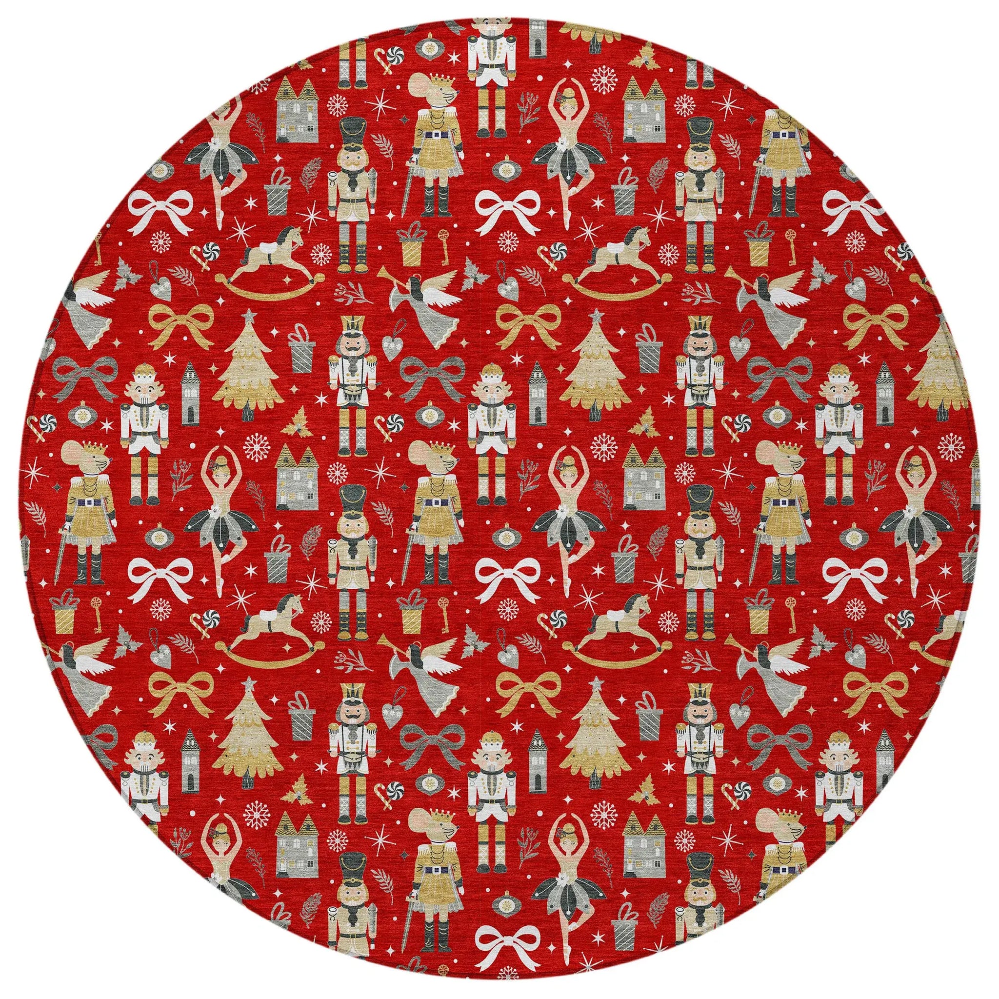8' Red Gold Black And Gray Round Nutcracker Washable Indoor Outdoor Area Rug - Homeroots - Flyclothing LLC